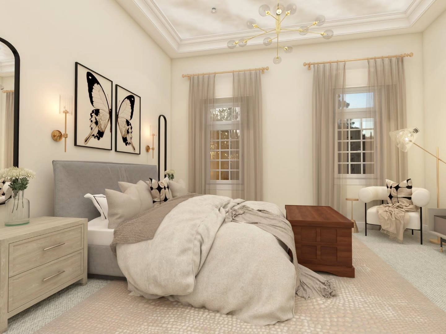 A bedroom makeover for an elderly woman who loves butterflies and wanted to keep her antique chest. This was challenging to not make it look juvenile. I think it came out great.
Www.bellanoiredecor.com