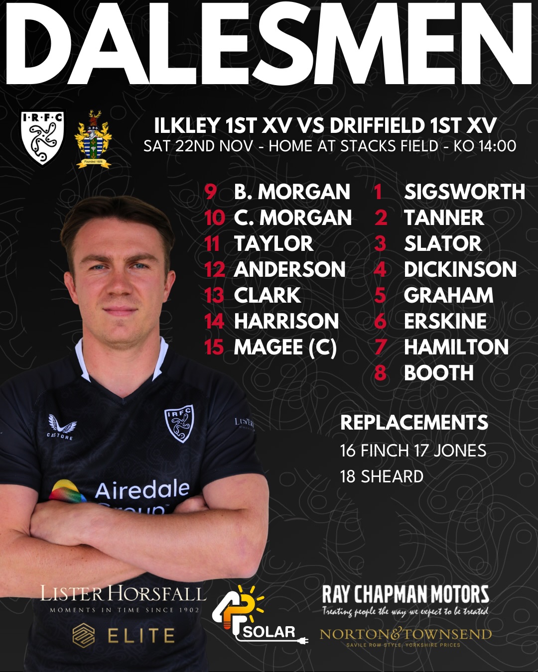 Your Dalesmen for tomorrows matches!
The 1st XV and 2nd XV host Driffield at Stacks Field and our 3rd XV travel to Yarnbury. Please note the 14:00 kick off for the 1st XV and 2nd XV matches.
Get down and support the lads!
Saturday 22nd November
Ilkley 1st XV vs Driffield 1st XV - Home at Ilkley - League - KO 14:00
Ilkley 2nd XV vs Driffield 2nd XV - Home at Ilkley - League - KO 14:00
Yarnbury 2nd XV vs Ilkley 3rd XV - Away at Yarnbury - League - KO 14:15
#uptheilk #irfc #ilkley #100percentilk #COYD #rugby #ilkleyrugbyclub #ilkleyrugby