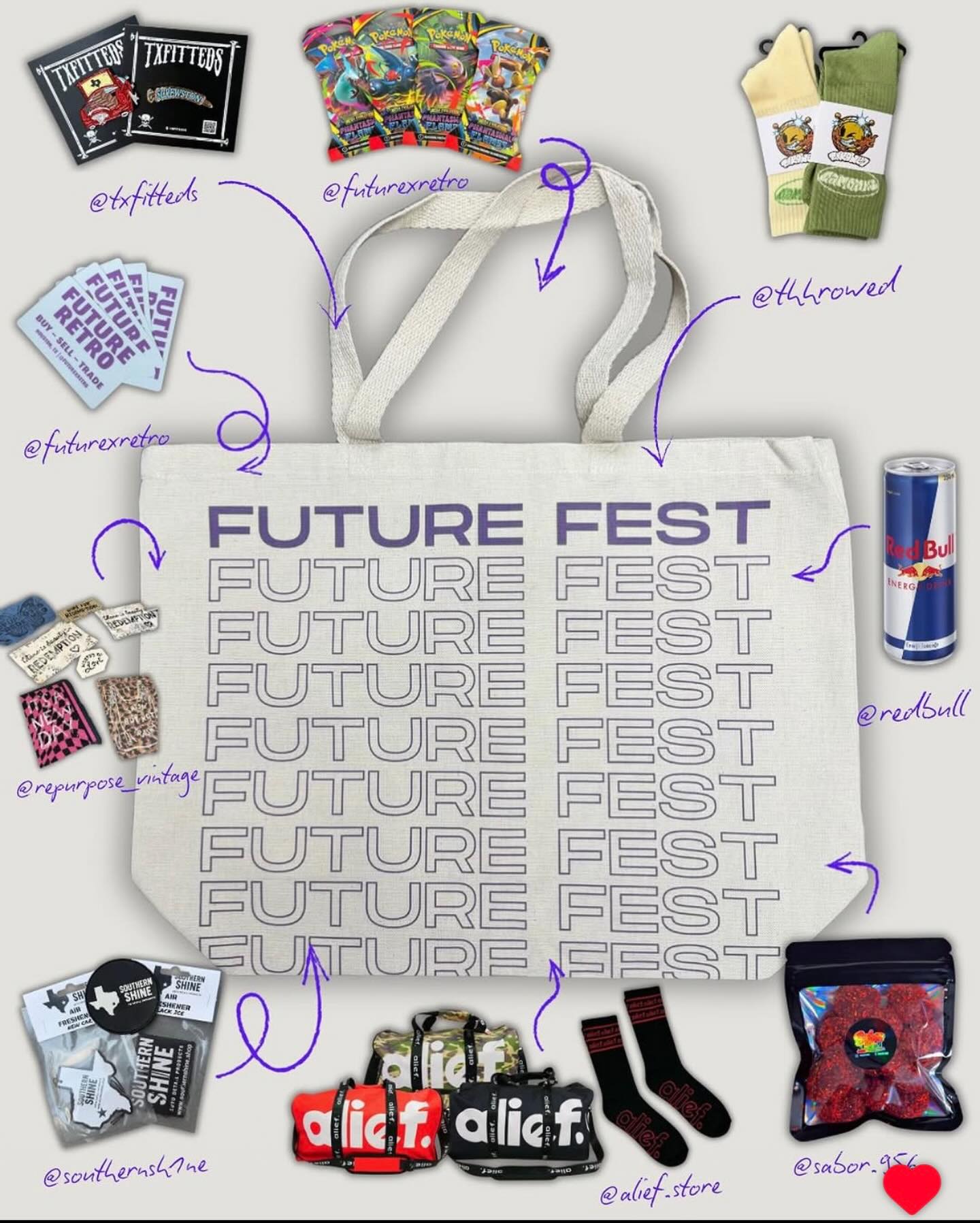 ✨FIRST 50 CUSTOMERS ✨
We’re giving out FREE Future Fest tote bags loaded with some goodies from our vendors + sponsors 👀 🔥 (while supplies
last)
Must be 16+ to receive bag.
💸 gift card($10-$100) & pokemon booster pack from
@futurexretro
🧢 pin from @txfitteds
🧦 socks from @throwed
🧃 juice energy drink from @redbull
💼 duffle bags & socks from @alief.store
🚗 air freshener from @southernsh1ne
🍬 dulce enchilados from @sabor.956
🤚🏼 hand stamp fabric from @repurpose_vintage
🍪 cookies from @lovelylexsweets
💍 coupon from @hersweetstudio
• Pull up early on Nov 22 • 12-6PM at @posthtx - these will go FAST 💨
See you at #FutureFest 🤍