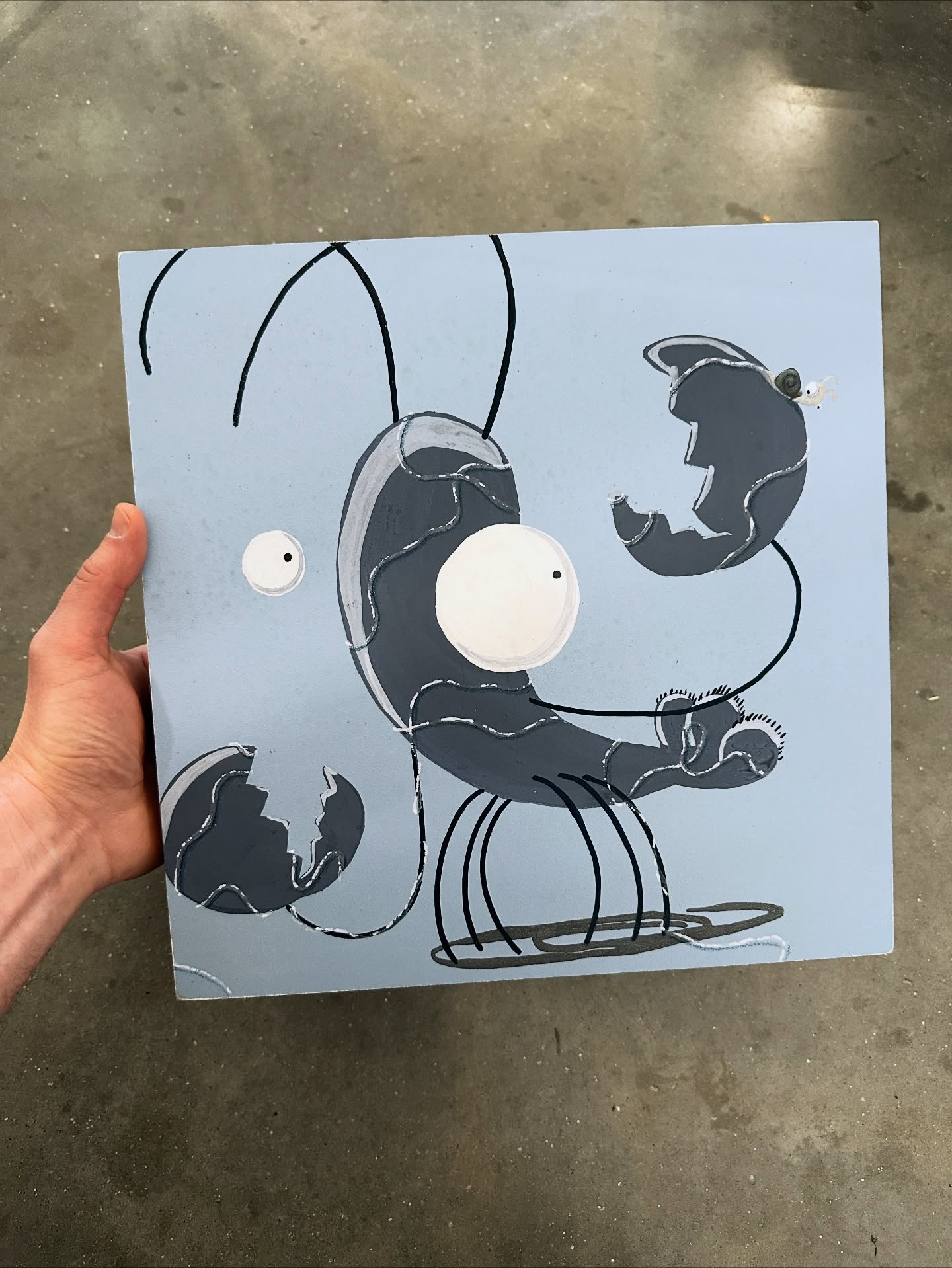 Did you know blue lobsters are 1 in 2 million? That’s like, pretty rare.
This blue lobster has a snail pal that’s making a total mess of the place with his trail. Getting all over the canvas. Edges, back, and all.
Fun piece, rare piece, one-of-a-kind original piece. Available.