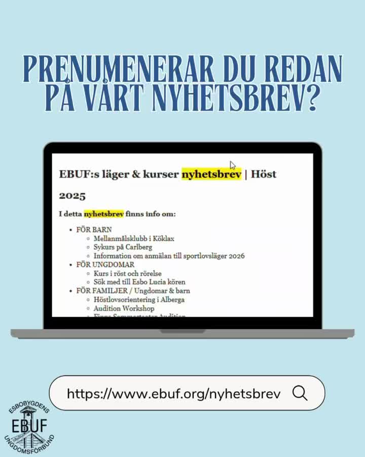 Vill du vara först med att veta vad EBUF ordnar och när våra kurser, klubbar och läger öppnar?👀
Prenumenera på vårt nyhetsbrev och håll dig uppdaterad kring vad EBUF ordnar🤩
Nyhetsbrevet skickas ut per mejl 4-6 gånger per år. Du kan prenumenera via vår hemsida eller via länken på våra händelser🩵
