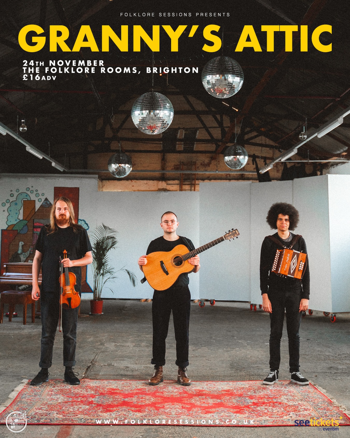 ⚡TONIGHT AT THE FOLKLORE ROOMS⚡
Granny’s Attic (@grannysatticfolk)
7.30PM | £16adv
Final tickets (running low!!) available via the website with limited on the door.
“Their high-octane take on English folk has brought a
whole new audience to the genre”
The Irish Times
In October 2021, they released their latest album, The Brickfields, an instrumental collection that sees them reach new heights both as performers and composers. Described by Folk Radio as “one of the most exciting and accomplished English folk acts on the scene right now”, this outstanding trio can hold audiences in the palm of their hand.
FOLKLOREx