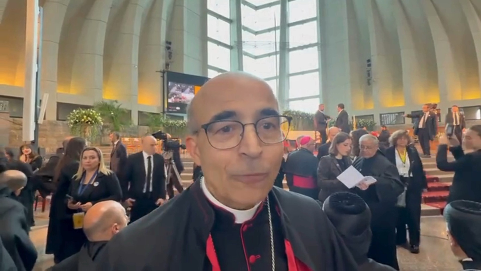 Bishop A. Elias Zaidan speaks from the Basilica of Our Lady of Lebanon in Harissa, Lebanon, before the gathering with His Holiness Pope Leo XIV on December 1, 2025.