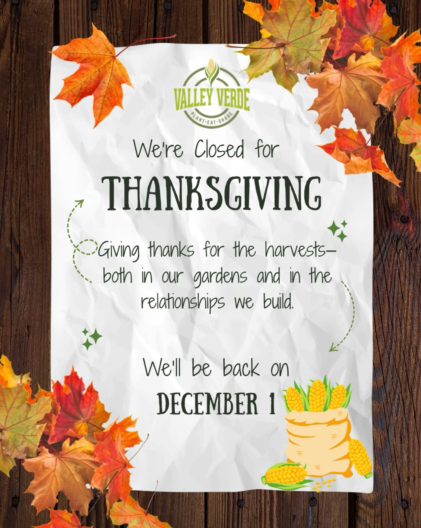 🍁 Happy Thanksgiving from Valley Verde! 🍁
As we celebrate this season of gratitude, we’re especially thankful for our amazing community of gardeners, families, and supporters. Your commitment to growing food, sharing knowledge, and nurturing community inspires us every day. 🌱💛
Please note that our office will be closed on 11/27 and 11/28 for the holiday. We’ll be back at work on December 1.
Wishing you all a warm, restful, and nourishing Thanksgiving! 🥕🍂
— The Valley Verde Team 🌿 #community #grateful #valleyverde #thankful #gardening