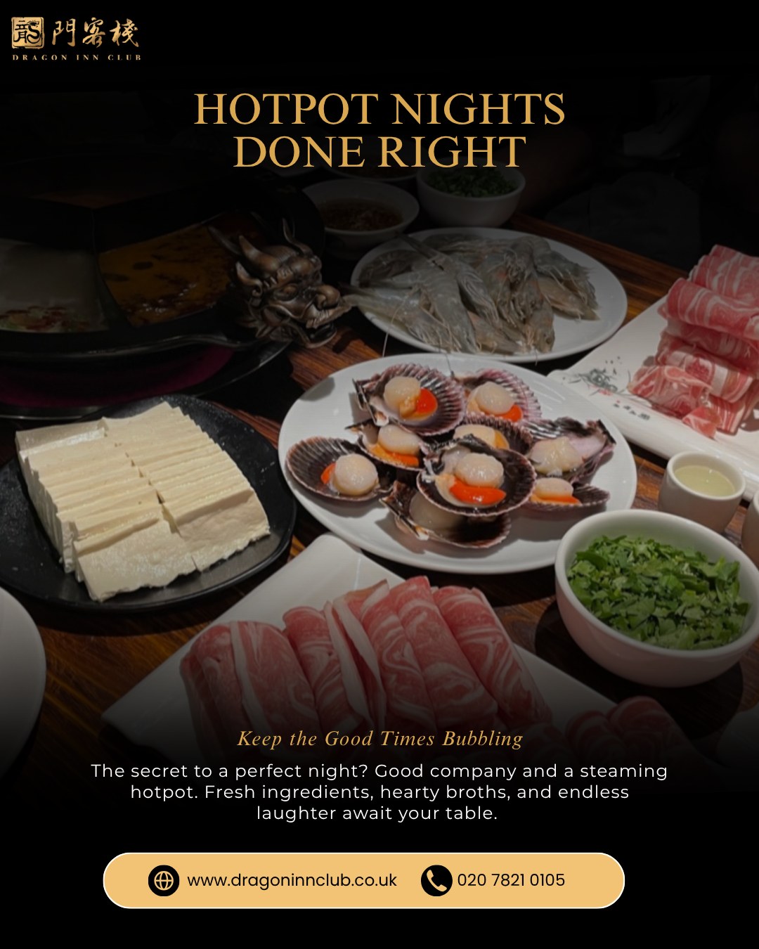 Bring your appetite and your favourite people — hotpot nights are calling. Watch the pot bubble as the flavours mix and merge into something extraordinary. The perfect combination of food, warmth, and fun awaits.
#Dragoninclub #Sichuan #Sichuanhotpot #dimsum #london #pimilco #londonvictoria #buckinghampalace #chelsea #theatres