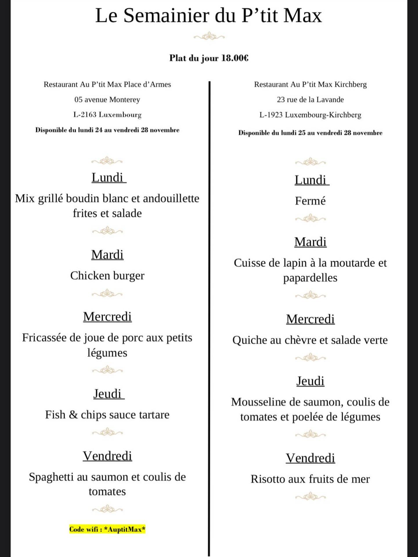 ❄️ Découvrez notre semainier du 24 au 28 novembre dans nos restaurants Au P’tit Max Kirchberg et sur la Place d’Armes ❄️
Venez déguster le Beaujolais Nouveau ainsi que notre délicieux vin chaud lorsque vous visiterez le marché de Noël sur la Place d’Armes ☃️🌲🎅