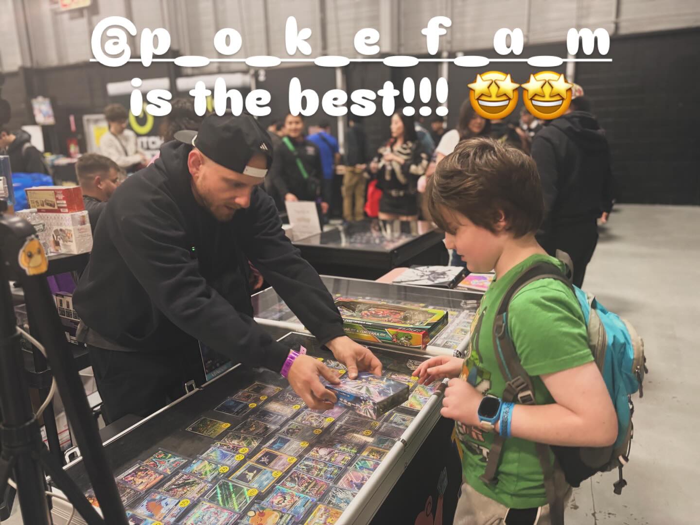 The generosity of this community just continues to blow me away… another aMAZing highlight for Sirus from his first ever @collect_a_con in NJ - opening packs galore with the one and only @p_o_k_e_f_a_m ❤️❤️❤️ #pokefam #njcollectacon #pokecommunity THANK YOU!!!!!