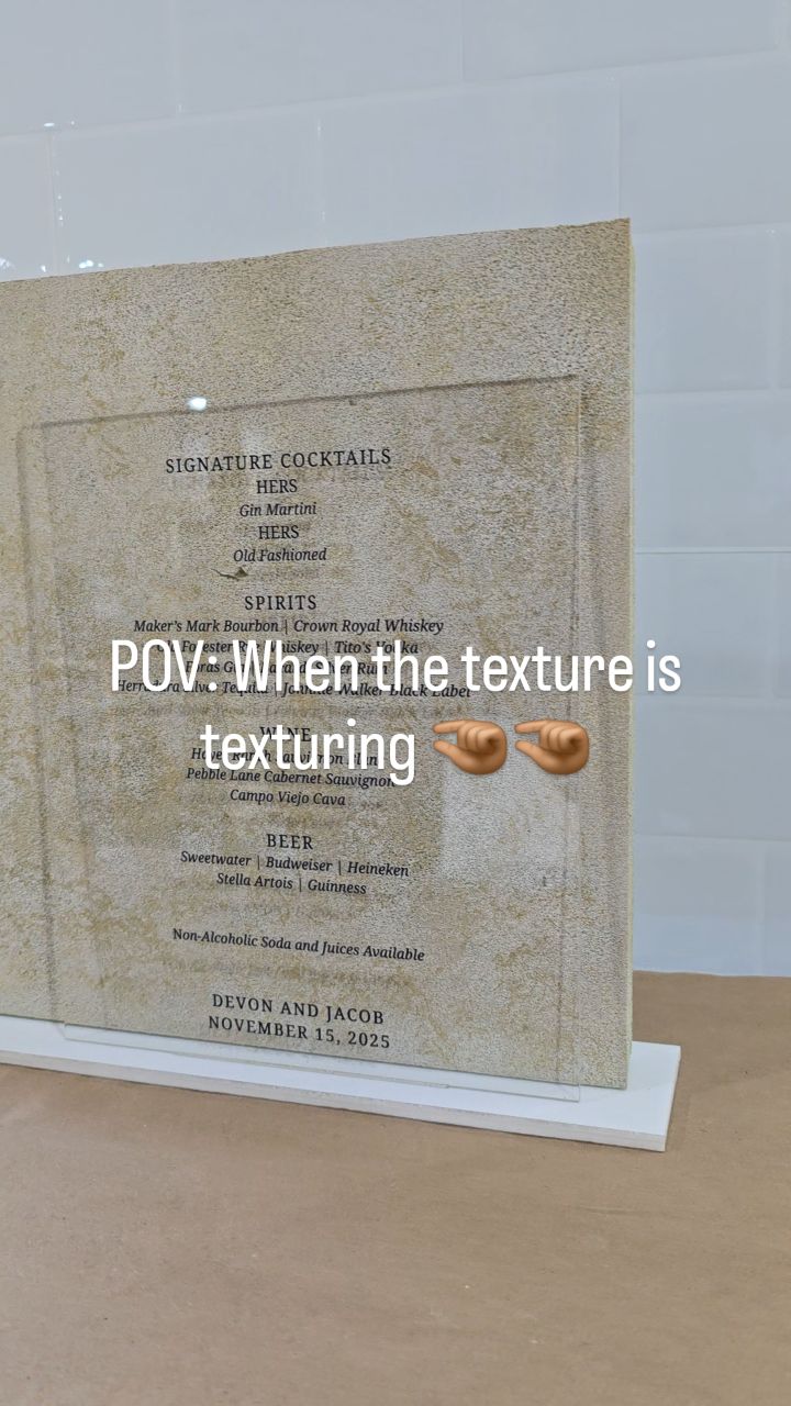 These faux-stone bar menus were TEA! We used foam and spray paint to give this wedding sign texture and that stone look. How do you think it turned out?
#weddingdetails #barmenu #acrylicdetails #lasermade #weddingsigns #acrylicbarmenu #luxurydecor
