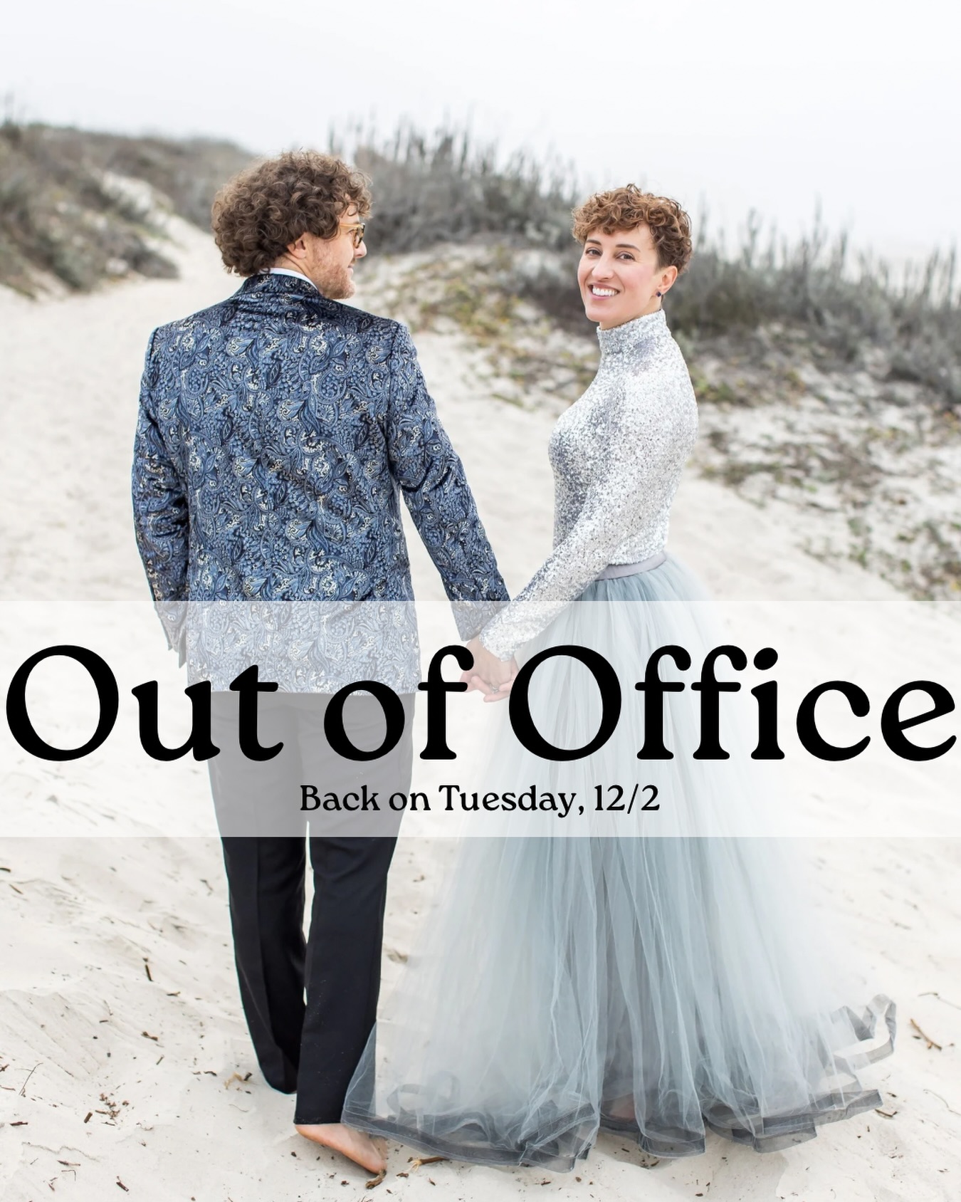 I’ve been mostly offline since Thanksgiving as my husband and I celebrate five years of marriage on 12/01 and ten years together. 💙 Here’s a recent photo of us — we put back on our wedding ensembles for anniversary photos at Asilomar Beach with our dear friend and talented photographer, @shannoncronin. 🥰