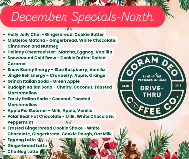 โจโ๏ธ December Specials Are HERE! โ๏ธโจ
Our little coffee shop is feeling extra merry this month, and weโve got a whole lineup of drinks to keep you warm, cozy, and caffeinated through the season! ๐โ๏ธ
From sugar cookie sweet cream to sweet holiday twists (and of course some festive matcha + energy drink fun), thereโs something for every mood this month! ๐โค๏ธ
Come visit, warm up, and sip something December-delicious.
Canโt wait to see your smiling faces! โจ๐
#DecemberDrinks #HolidaySips #North #Coramdeocoffeeco #CozySeason