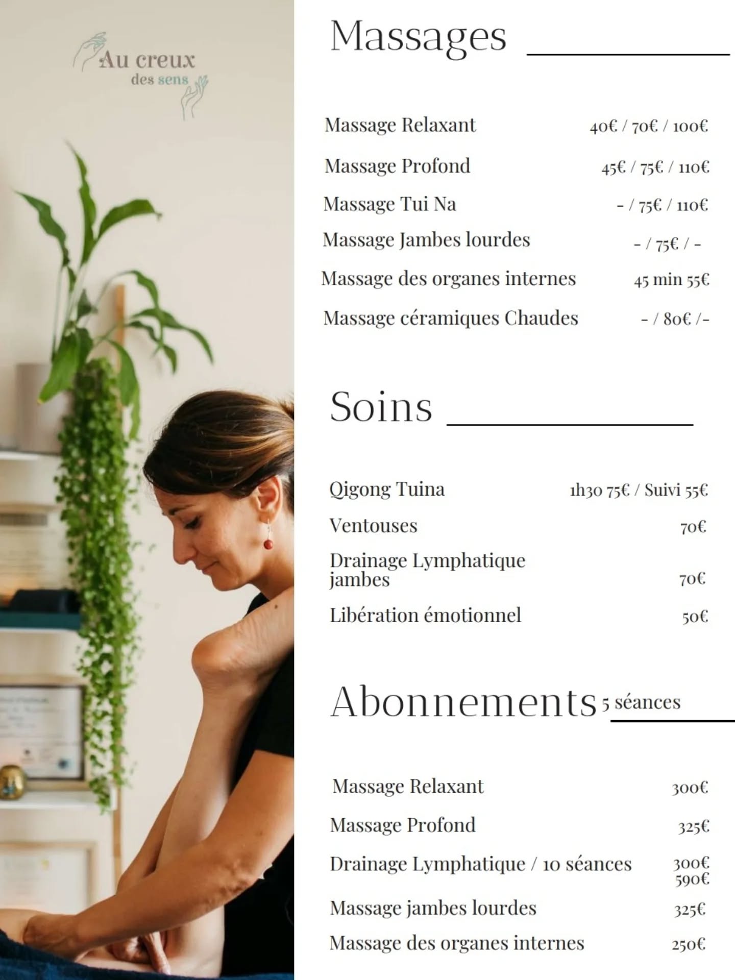 Retrouvez ci-dessus mes soins et leurs tarifs
et choisissez le rituel qui résonne le plus avec vos besoins du moment.
📅 Réservation en ligne disponible
https://au-creux-des-sens.reservio.com/booking
Au Creux des Sens – un espace où le corps se relâche, où l’énergie circule, où l’esprit s’apaise.
#aucreuxdessens #massage #bienetre #detente #acupression #ecouteducorps #saintpaultroischateaux #drome