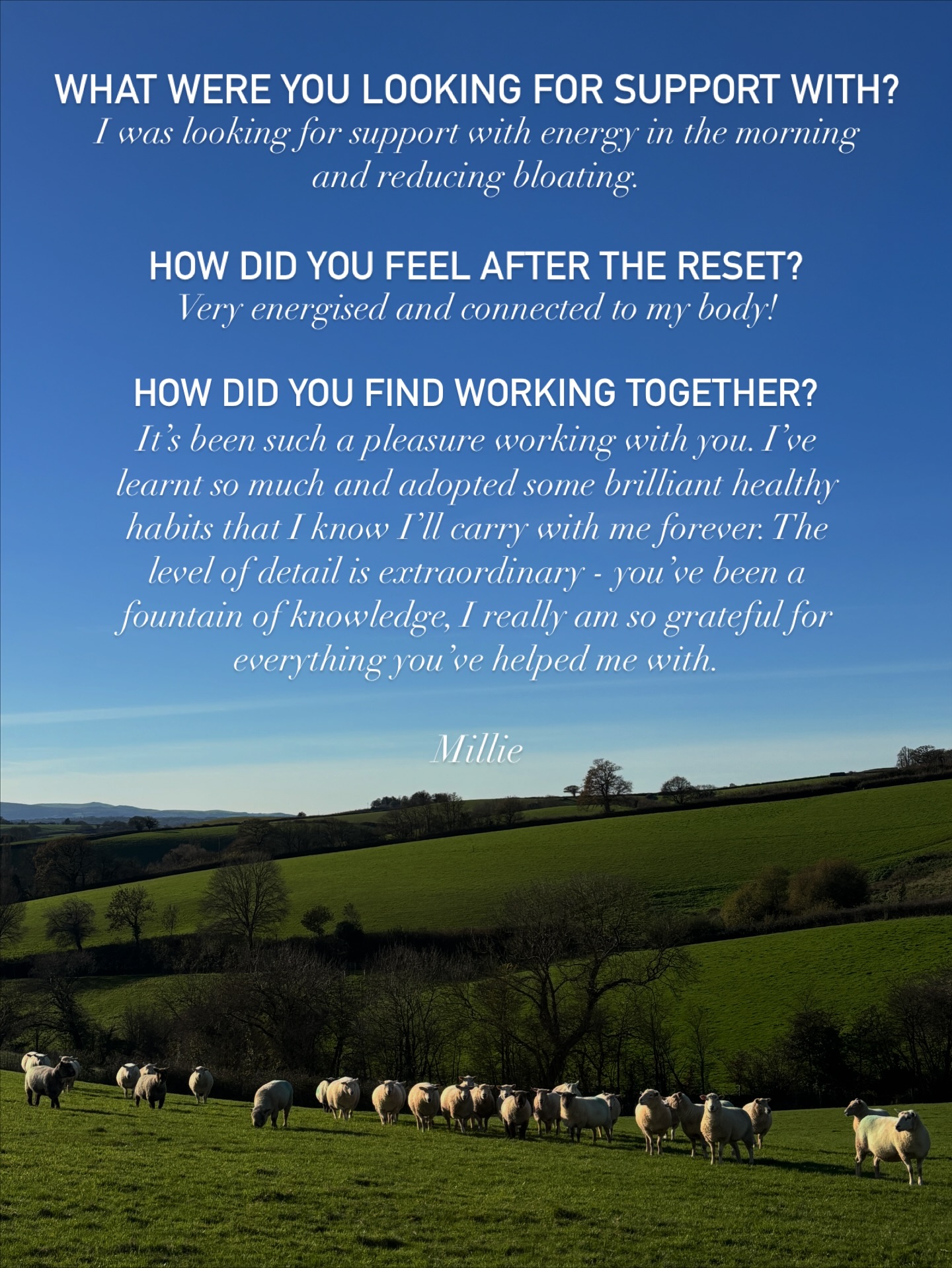 Some lovely words from a wonderful client who’s just finished the new, six week version of The Reset 💋
I love love chatting to people every week and really getting to understand them. It means I can put together a plan that’s totally tailored to you and we implement it together, at your own pace.
I have one more spot open for January, so send me a message if you wanna know more 💌