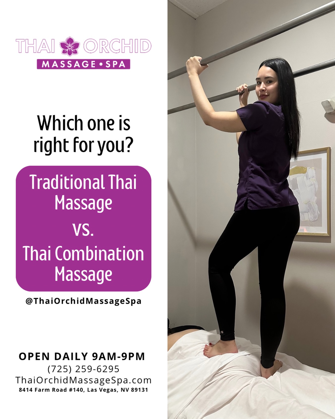 For those not familiar, but interested in experiencing a Thai Massage for the first time, we wanted to share the difference between our Traditional Thai Massage vs. Thai Combination Massage. 🇹🇭💆🏻♀️
Our Traditional Thai Massage uses gentle pressure on energy lines and yoga-like stretching that relaxes the body on a deeper level. This relieves muscular tension, enhances the immune system, and improves circulation as the body becomes more flexible.
Where as, our Thai Combination Massage brings many of these elements together. It is part acupressure, part Swedish (using longer strokes and the different specific strokes of Swedish massage) as well as stretching and deeper techniques from Thai Traditional massage.
BOOK TODAY
(725) 259-6295
www.ThaiOrchidMassageSpa.com
📍 8414 Farm Road Suite 140
Las Vegas, NV 89131
🌸🌸🌸🌸🌸🌸🌸🌸🌸🌸
#thaimassage #traditionalthaimassage #yogalife #wellness #massagebenefits #yogacommunity #thaiyogamassage #lasvegasyoga #lasvegasyogacommunity #vegasfitness #vegasfitnesscommunity #lasvegasfitness #lasvegasgym #vegaswellness #vegasmassage