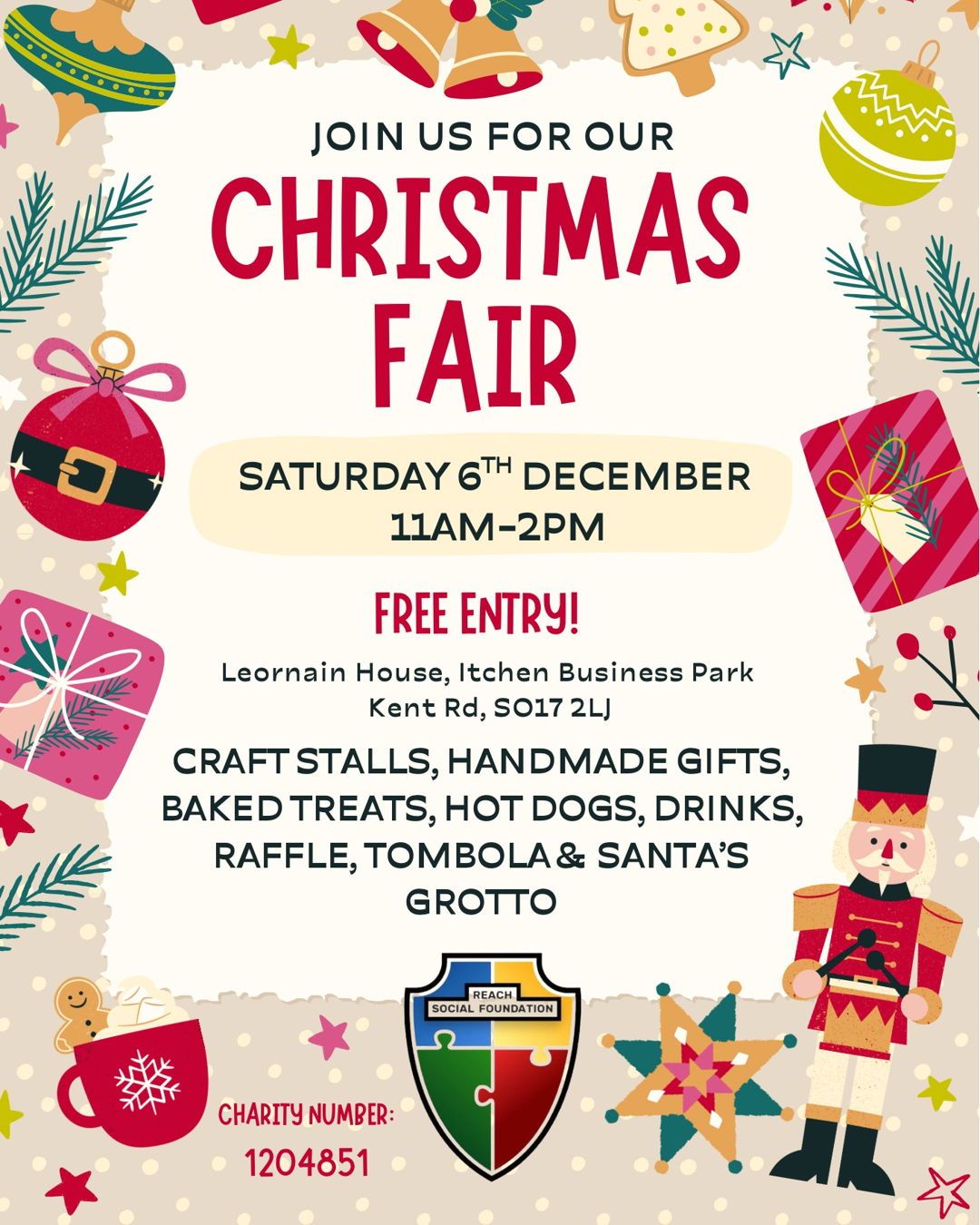 Only 1 Week to Go! 🎄
Our Christmas Fair is nearly here… and we can’t wait to welcome you! ✨
Join us next Saturday, 6th December (11am-2pm) at Reach HQ for a festive day packed with:
⭐ Craft stalls & handmade gifts
🍰 Baked treats & hot dogs
🎟 Raffle, tombola & Santa’s Grotto
🎅 Free entry for everyone!
Come along, bring family & friends, and celebrate a day of festive fun while supporting adults with learning disabilities to build skills and confidence through our social enterprise.
📍 Leornain House, SO17 2LJ
See you there! ❄️
#SocialEnterprise #Southampton #Hampshire #LearningDisabilities #LearningDisability #SouthamptonBusiness #Charity