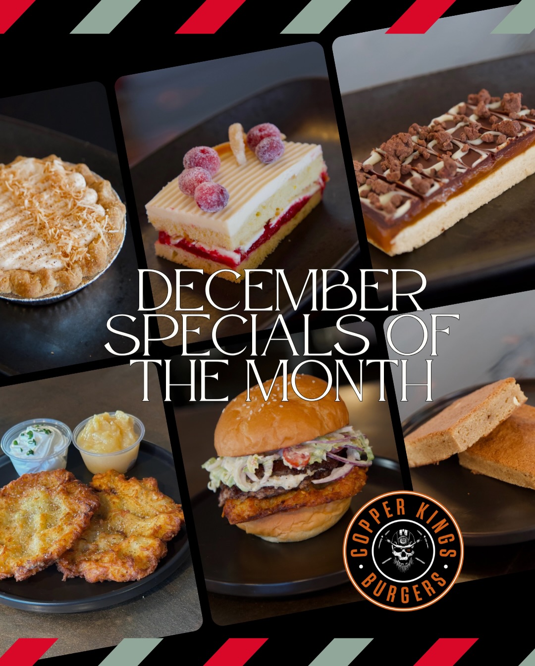 ✨ December Specials Are Here! ✨ Cozy, festive, and loaded with flavor — here’s what we’re serving this month ⬇️
🍔 Black & Blue Suede Shoes
6oz house ground beef dusted with spicy black pepper blend, chopped wedge salad, bleu cheese spread and steakhouse hash brown
🥔 Traditional Latke Plate
Traditional potato and onion latke, served with a side of sour cream and apple sauce
🍫 Peppermint Billionaire Bar
Vanilla shortbread topped with peppermint butterscotch, white and dark chocolate ganache, and cacao nib crunchies
🍰 Cranberry Kiss Cake
Orange-scented cake layered with cranberry curd, white chocolate-cream cheese frosting, candied orange peel, and frosted cranberries
🥥 Coconut Coquito Cream Pie
Inspired by Puerto Rican-style spiced coconut eggnog! Coconut cream pie infused with cinnamon, nutmeg, and rum, topped with rum-spiked whipped cream. Sized to share (or not!)
🍪 Eggnog Blondie
Nutmeg and brandy-scented blondie studded with white chocolate
🎄 Come get festive with us all month long!
📍Copper Kings Burgers | North County, San Diego
.
.
.
.
.
.
#CopperKingsBurgers #BestBurgers #GourmetBurgers #JuicyBurgers #BurgerLovers #FoodieFinds #BurgerHeaven #HandcraftedBurgers #FoodiesOfInstagram #BurgerTime #GrillMasters #CheesyGoodness #TastyBurgers #BurgerAddict #EatLocal #Foodstagram #BurgerPerfection #MouthwateringEats #SmashBurgers #SanDiego #SandiegoEats #SDMagazine #bestof2025 #bestofsandiego #dontstopmenow #bestburger #bestrestaurant