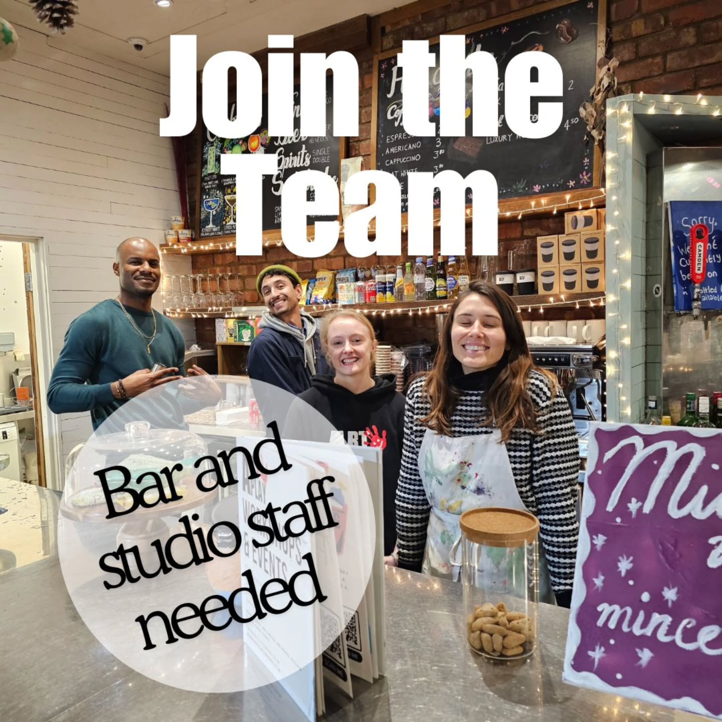 Weekend and evening temporary (Christmas) bar/studio team members needed! Must be able to commit to weekends 🥂🎨
📍In our Shoreditch venue
🌟 Bar or hospitality experience is a MUST
🌟 14- 18 hours per week
🌟 ASAP start
Message for more details and please email silva@artplaylondon.co.uk with a cover letter and CV to apply
#artplay #artplaylondon #Londonbarjobs
