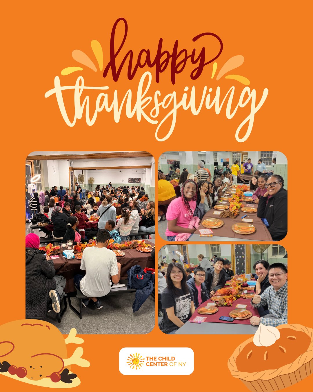 This Thanksgiving, The Child Center is grateful for our dedicated staff, resilient clients, generous supporters, and the vibrant communities we serve. Our work would not be possible without the commitment, care, and collaboration of each and every one of you.
Earlier this month, families joined together for a Thanksgiving Potluck arranged by our Parsons Beacon program, enjoying a feast of delicious meals and desserts. With a staggering 100 people in attendance, the event was filled with laughter, connection, and the wonderful sense of community that makes this season so special.
From all of us at The Child Center, we wish you and your loved ones a happy Thanksgiving! 🦃