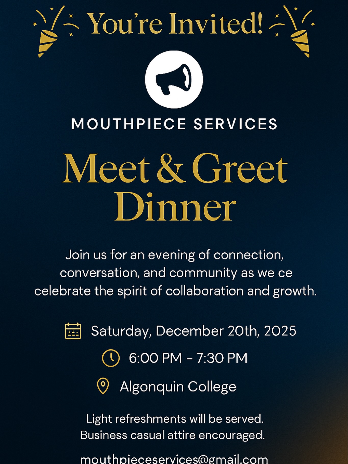 🎉 You’re Invited! 🎉 Mouthpiece Services Presents Meet & Greet Dinner
Join us for an evening of connection, conversation, and community as we celebrate the spirit of collaboration and growth.
📅 Date: Saturday, December 20th, 2025 🕕 Time: 6:00 PM – 7:30 PM 📍 Location: Algonquin College
Whether you’re a longtime supporter or new to Mouthpiece Services, we’d love to welcome you and share our vision for the future.
Light refreshments will be served. Business casual attire encouraged.
Register here:
https://www.eventbrite.com/e/1975216098522?aff=oddtdtcreator
🎉 Vous êtes invités ! 🎉 Mouthpiece Services présente un dîner de rencontre
Rejoignez-nous pour une soirée de rencontres, de conversations et de partage, où nous célébrerons l’esprit de collaboration et de croissance.
📅 Date : samedi 20 décembre 2025 🕕 Heure : 18 h à 19 h 30 📍 Lieu : Algonquin College
Que vous soyez un partisan de longue date ou un nouveau venu chez Mouthpiece Services, nous serons ravis de vous accueillir et de partager notre vision de l’avenir.
Des rafraîchissements légers seront servis. Une tenue professionnelle décontractée est recommandée.
🎉 Nou envite w! 🎉 Mouthpiece Services prezante yon dine rankont
Vini patisipe nan yon swa rankont, konvèsasyon ak pataj, kote n ap selebre lespri kolaborasyon ak kwasans.
📅 Dat: samdi 20 desanm 2025 🕕 Lè: 18:00 rive 19:30 📍 Kote: Algonquin College
Kit ou se yon sipòtè depi lontan oswa yon nouvo manm nan Mouthpiece Services, n ap kontan resevwa w epi pataje vizyon nou pou lavni.
Yo pral sèvi kèk bwason fre. Yon rad pwofesyonèl ki pa twò fòmèl rekòmande.
#dinner #fyp #foryou #ottawa #businesswoman