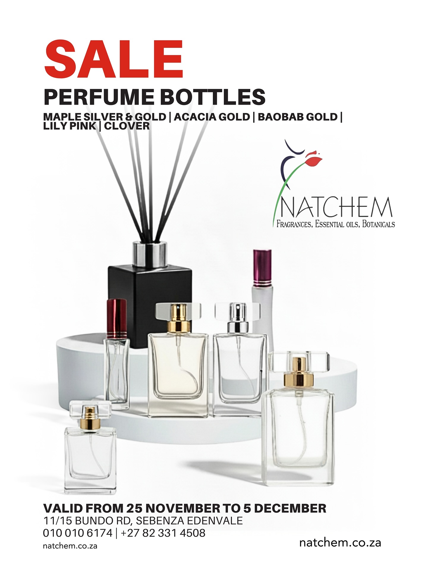 We are excited to announce our upcoming YEAR END PERFUME SALE starting 25 November!
Enjoy unbeatable prices on perfume oils, perfume bottles, and Everclear ethanol. Special prices are valid from 25 November to 5 December 2025 only โ while stocks last!
Stock up for the festive season or elevate your fragrance creations with premium supplies at the best prices of the year.
CONTACT NATCHEM
โ Telephone: 010 010 6174
๐ฒ WhatsApp: 082 331 4508
๐ Address: 11/15 Bundo Road, Sebenza, Edenvale
๐ Link: https://linktr.ee/NATCHEMPTYLTD
#YearEndSale #PerfumeSale #PerfumeOils #DIYPerfume #NatchemSA