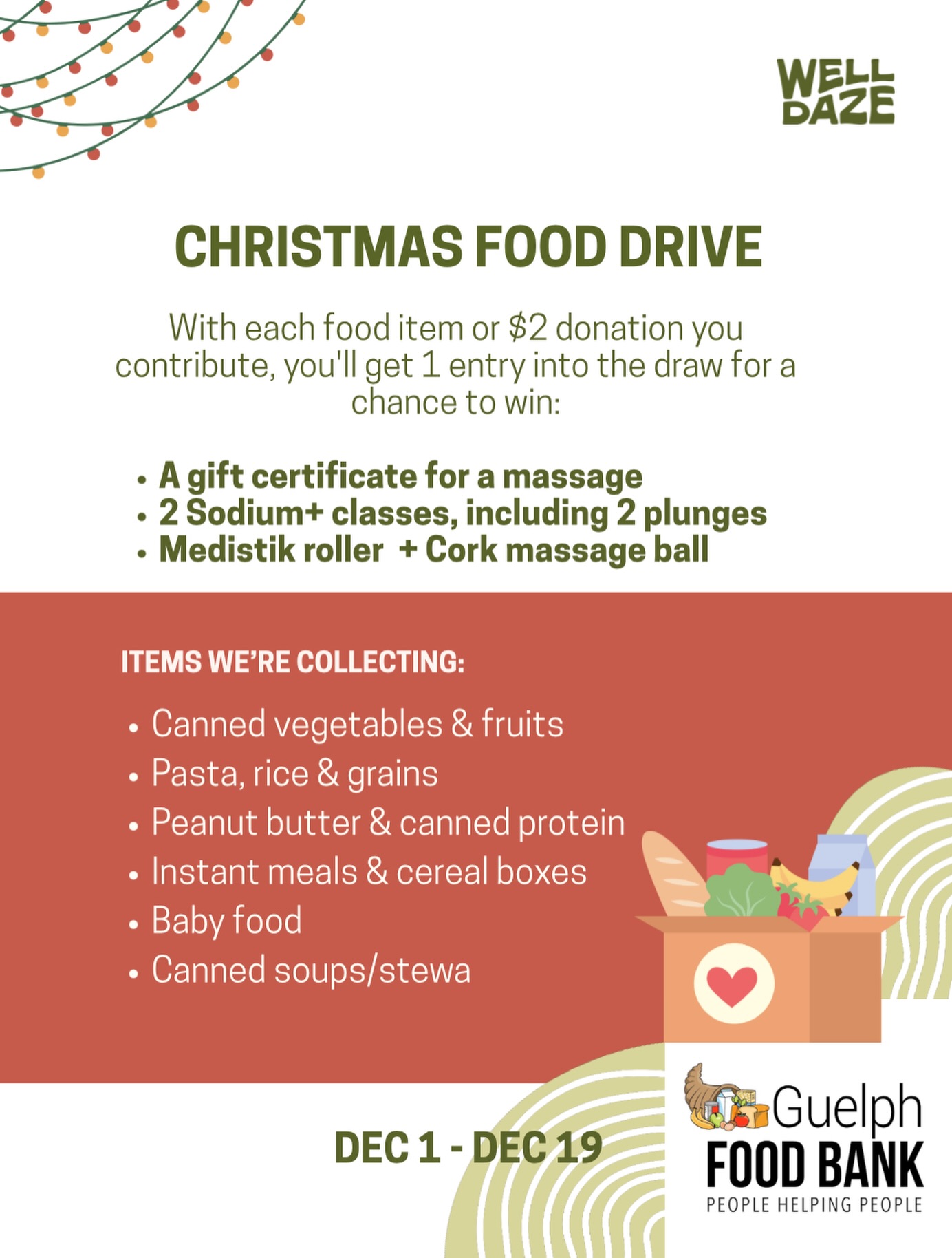 For the next month, we’re hosting a food drive in support of the Guelph Food Bank. @guelphfoodbank
🎄
Each donation earns you a ballot for a chance to win our Winter Wellness Gift Basket.
🎄A 30 minute massage from Carly
✨Medistik + Roller ball
🖤 2 Sodium+ classes & Cold plunges 🧊
(Special thank you to our neighbors @sodium.fit for their contribution)
— Over $200.00 Value —
If you’d like to join but forget your food you can also make a $2 donation for a ballot.
#guelph#foodbankguelph#business#giving#guelphbusiness#welldaze#donation#helpingothers#tiztheseason#bejolly#kindiscool