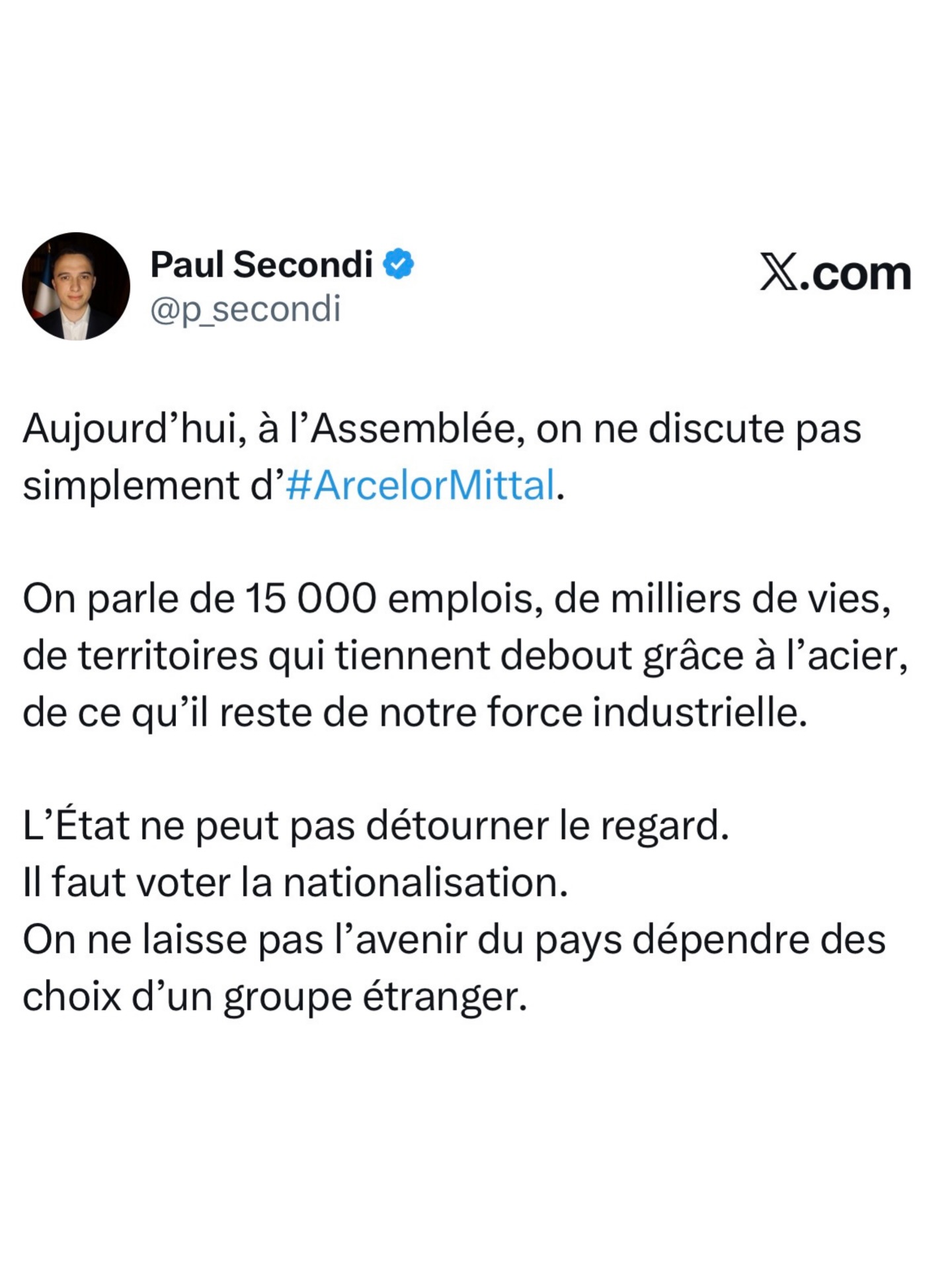 Aujourd’hui, à l’Assemblée, on ne discute pas simplement d’#arcelormittal .
On parle de 15 000 emplois, de milliers de vies, de territoires qui tiennent debout grâce à l’acier, de ce qu’il reste de notre force industrielle.
L’État ne peut pas détourner le regard.
Il faut voter la nationalisation.
On ne laisse pas l’avenir du pays dépendre des choix d’un groupe étranger.
#assembleenationale #france #debat #pourtoi