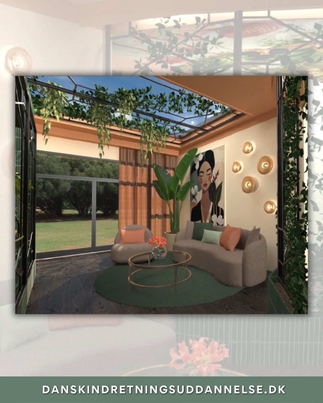 Modul 16 · Plantelære 🌿
I Modul 16 arbejder vores studerende med plantelære – og bliver bl.a. introduceret til biofilisk design.
Biofilisk design handler om at bringe naturen aktivt ind i indretningen for at skabe ro, trivsel og øget velvære gennem planter, naturlige materialer, organiske former, lys og naturinspirerede farver.
Her har Janni virkelig leget med biofiliens greb – kombineret med stilarten Art Deco:
🌱 planter og krydderurter
🌿 tapet med naturmotiver
🎨 farver hentet direkte fra naturen
🪵 interiør inspireret af bløde, organiske former og naturlige materialer
☁️ kig til himlen, som forlænger naturoplevelsen og understøtter følelsen af luft og frihed
Her er naturen virkelig en aktiv medspiller i indretningen – både æstetisk og funktionelt. Man får en hel oplevelse, når man træder ind i rummet.
#DanskIndretningsuddannelse #DIU #Modul16 #Plantelære #BiofiliskDesign #IndretningMedNatur #InteriorEducation