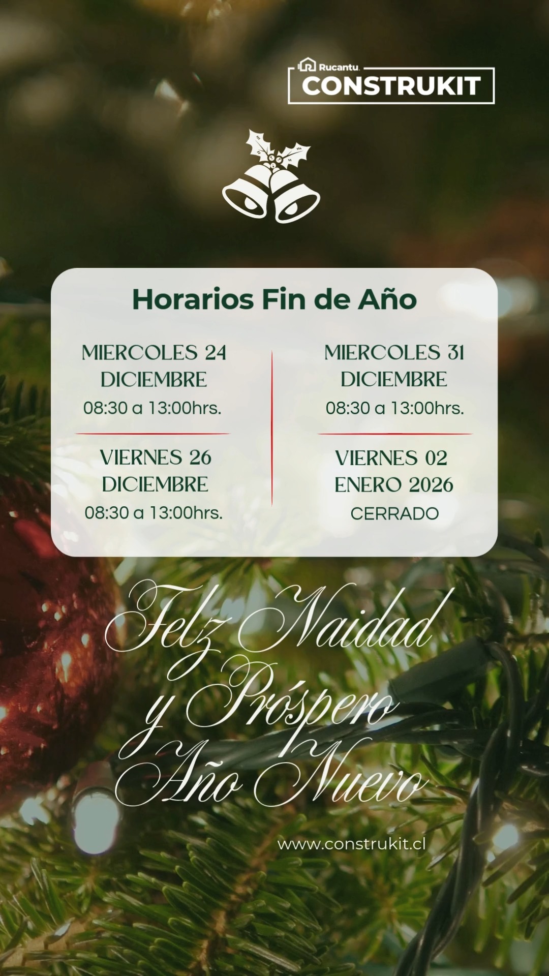 ¡Llegó la época de celebrar y compartir! 🎄✨
En CONSTRUKIT, queremos agradecerte por acompañarnos este año.🎁
Toma nota de nuestro horario especial de fin de año:
✨ Miércoles 24: 08:30 - 13:00 hrs.
🎅 Viernes 26: 08:30 - 13:00 hrs.
🥂 Miércoles 31: 08:30 - 13:00 hrs.
😴 Viernes 02: Cerrado (¡Recargando energías!)
¡Te deseamos una muy Feliz Navidad y un próspero año 2026 lleno de éxitos! 🌟🥳
