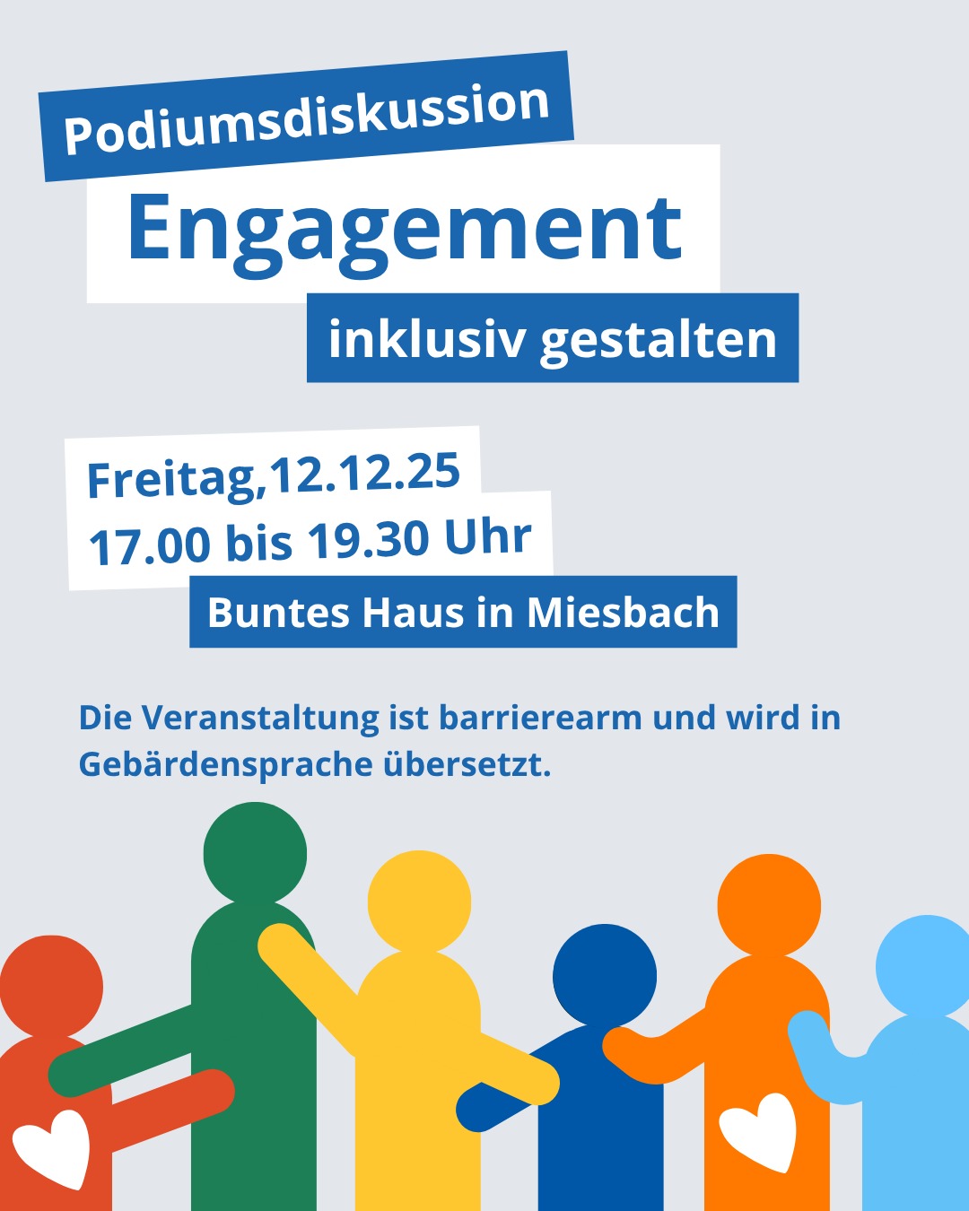 Strukturen öffnen - Ehrenamt inklusiv gestalten.
Unter diesem Titel laden Svenja Killius vom Projekt Inklusion im Engagement Landkreis Miesbach und Johanna Huber vom Bunten Haus Miesbach zu einer Podiumsdiskussion ein.
Svenja Killius ist Projektleiterin von Inklusion im Engagement. Das Projekt gehört zum Netzwerk Ehrenamt. Sie stellt an diesem Abend die Ergebnisse ihrer Umfrage vor und eröffnet damit den Austausch darüber, wie Vereine und Organisationen Engagement so gestalten können, dass wirklich alle mitmachen können, auch Menschen mit Behinderung und Menschen mit chronischer Erkrankung.
Wann: Freitag 12.12.25 von 17.00 bis 19.30 Uhr
Ort: Das Bunte Haus Miesbach Rathausstraße 10
Die Veranstaltung ist barrierearm. Dazu gehören ein barrierefreier Zugang zu allen Räumen, ein Parkplatz für Menschen mit Behinderung, eine Rampe vom Parkplatz zum Haus, ein rollstuhlgerechtes WC, Räume mit Hörschleife und eine Übersetzung in Gebärdensprache.
Bei Fragen könnt ihr uns direkt hier auf Instagram schreiben oder eine Mail an inklusion@nea-mb.de senden.
Wir freuen uns auf alle, die das Thema Inklusion im Ehrenamt gemeinsam weiterdenken möchten.
#inklusion #inklusionImEngagement