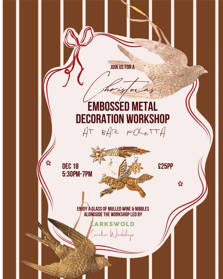 Join us in the back room of the bar on Wednesday 18th December for a hands-on metal embossed decoration class! 🎨🖤
Your ticket includes:
🍷 A warming mulled wine
🥨 Some tasty nibbles
✂️ All materials & help provided by @larkswold
£25 per person – just bring your creativity!
📅 Book online through our website - www.foletta.co.uk
💳 Pay by card or cash on arrival
Spaces are limited, so grab your spot and make something special this festive season! 🖤
#LarkswoldBar #MetalEmbossing #ChristmasWorkshop #HandmadeDecor #MulledWineVibes