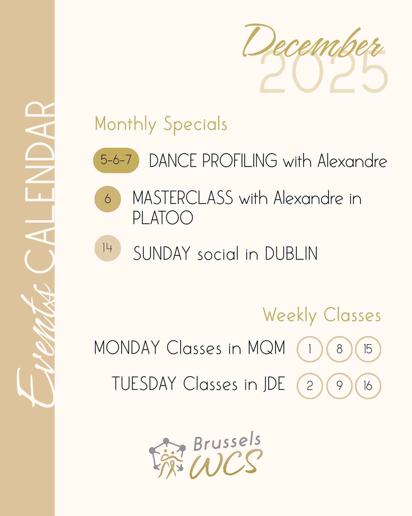 December is coming with 2025’s final Sunday social on the 14th after the long-awaited weekend with dance profiling AND masterclass by Alexandre!
Join for lots of fun and dance before the holiday break starts from 16th onwards.