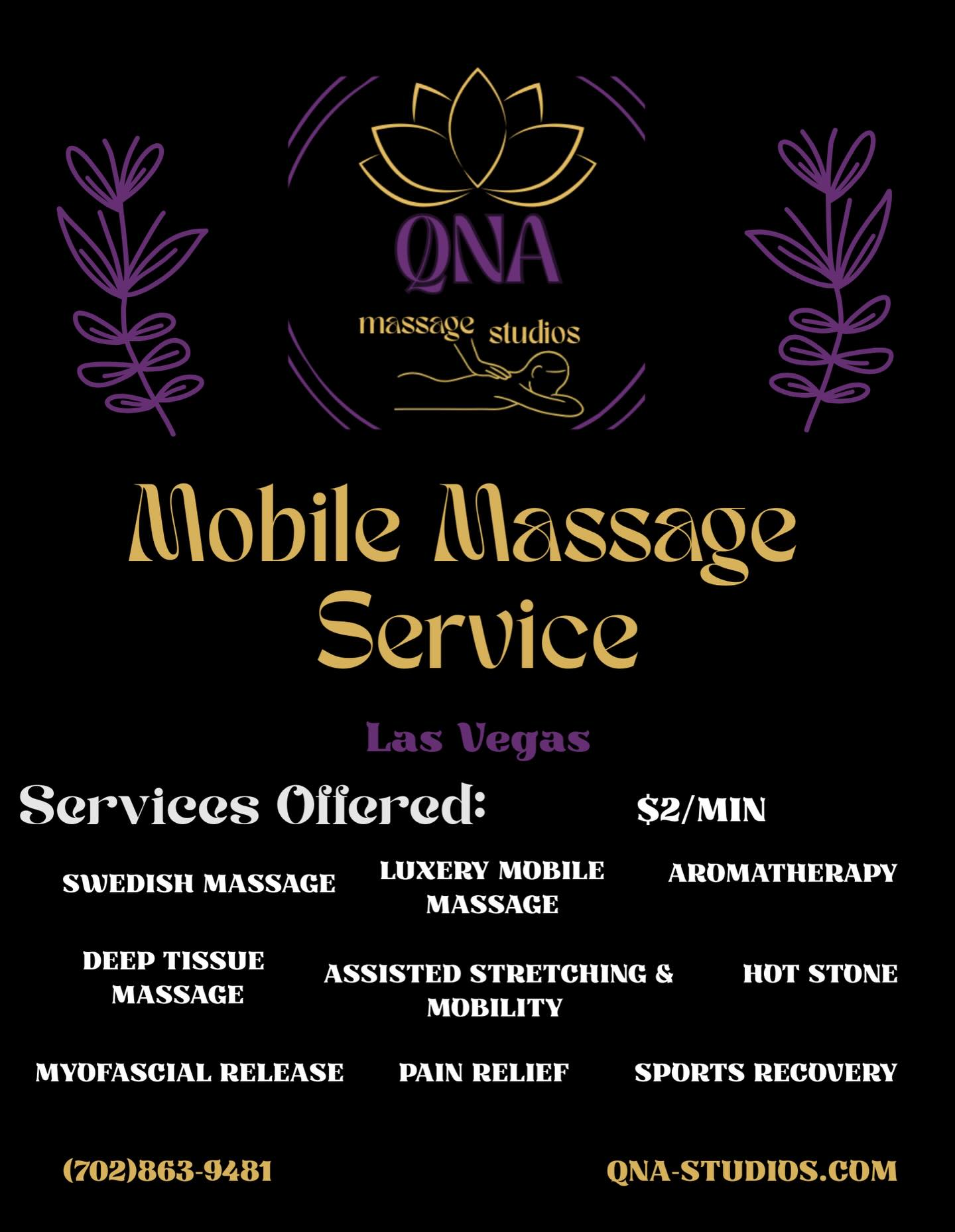 QNA Massage Studios is officially open and offering mobile massage services across Las Vegas.
I specialize in sports recovery, pain relief, and luxury mobile wellness — and I come to you.
Whether you’re an athlete, performer, traveler, or someone dealing with daily tension, this is bodywork with purpose.
📍 Mobile Service: Home • Hotel • Gym • Events
📲 Book now through the link or call/text below
👉 Tap the link to book your session
📞 (702) 863-9481
🌐 qna-studios.com
Serious recovery. Real results. Delivered.