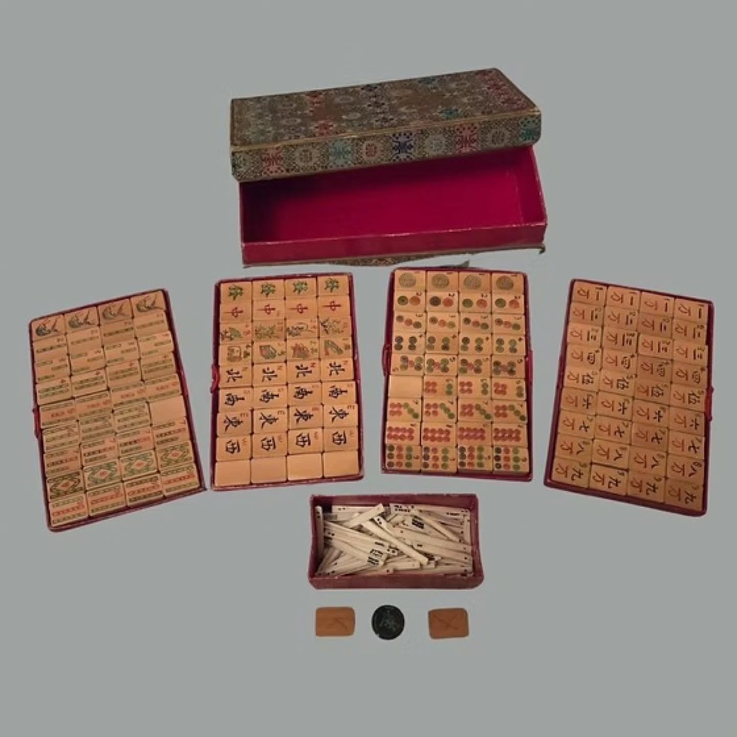https://www.objetdart-stuff.co.uk/product-page/vintage-all-bamboo-mah-jongg-set-in-silk-patterned-case-c-1920s-1940s #mahjong