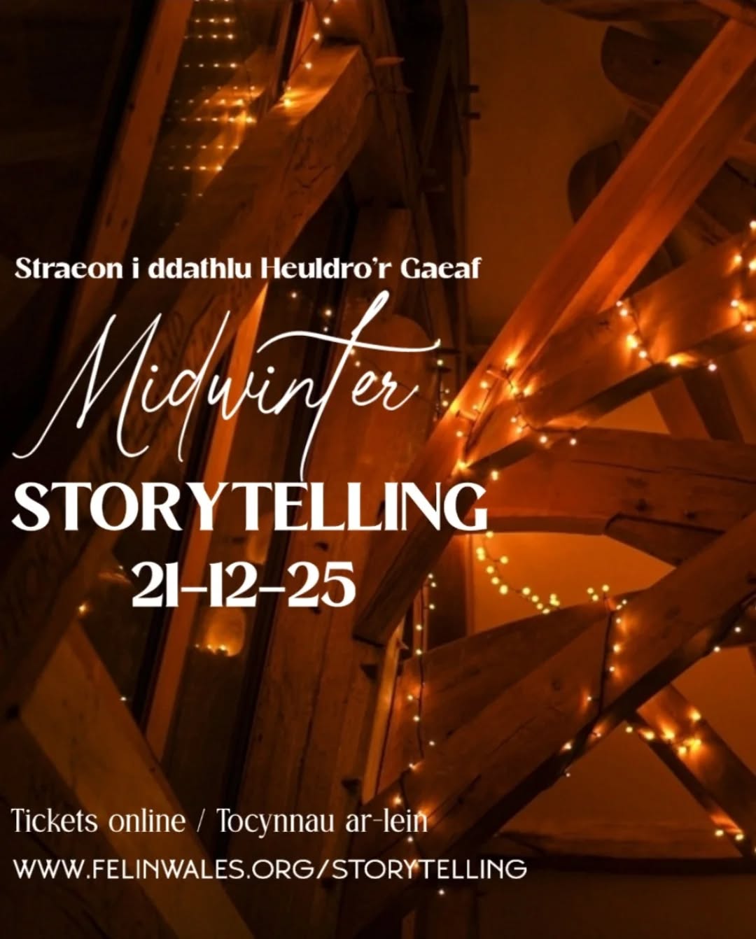 Gwledd o Straeon i ddathlu Heuldo'r Gaeaf. Danteithion tymhorol o wahannol draddodiadau - o Bersia i Lapland yng ngolau'r ganwyll!
Drysau yn agor am 6.30yh, straeon yn cychwyn am 7yh. Diodydd a chacennau ar gael i brynnu drwy gydol y noson.
Cofiwch *rhaid* prynnu eich tocyn oflaen llaw drwy ein gwefan.
Rhannwch a theulu a ffrindia! Diolch a welwn ni chi yno!
...
Midwinter Storytelling
A Seasonal Feast of Candlelit Tales to celebrate the old year's turning and Christmas festival
A winter's journey through time and traditions from Persia to Lapland
Doors open for 6.30pm, Storytelling starts for 7pm. There will be drinks and homemade cakes available to purchase during the evening.
Please remember that tickets *must* be bought beforehand through our website. If you're unable to do so this way please get in touch via email (info@felinwales.org)
Spread the word with friends and family! See you there!
