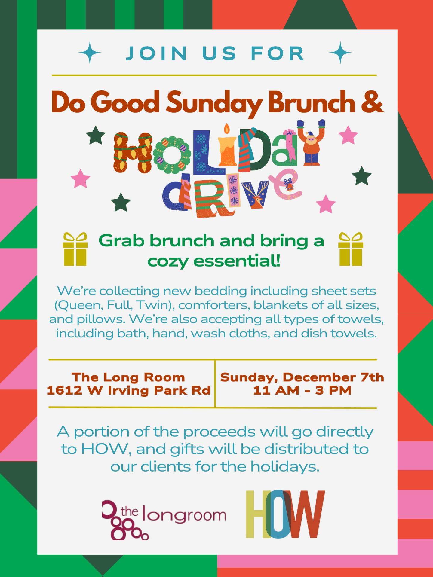 Letโs do some good together this holiday season! ๐โค๏ธ Join us for brunch at The Long Room on Sunday, December 7 from 11am to 3pm. Bring a new bedding or towel donation to support HOW. Find the link to our holiday Wishlist in our bio!
ย
โจ A portion of the proceeds will go directly to HOW
โจ Good food, good vibes, good impact