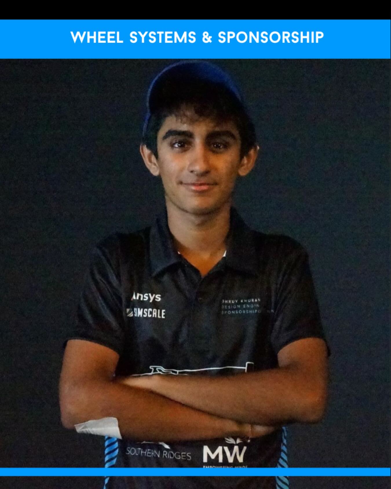 Meet Dhruv, our wheel systems engineer and sponsorship manager! 💙🖤
He manages the team’s sponsorship activities, promoting Hypersonic Racing to the industry and building partnerships to support funding and development. As Wheel Systems Design Engineer, he focuses on designing a cutting-edge wheel assembly that improves our wheel performance and stability on track.