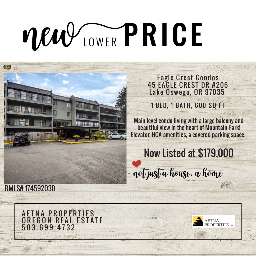 🤯$179,000 TO OWN IN LAKE OSWEGO! Main level condo living with a large balcony and beautiful view in the heart of Mountain Park! Secured access features on the exterior building doors. Convenience of community amenities such as a pool, exercise room, meeting room, sauna, rec room, small storage area and additional on-site laundry facility. HOA also includes sewer, trash, and garbage. The additional HOA covers access to the Mountain Park Rec Center. Newer exterior building updates include paint, roof and railings.
Schedule a private viewing today.
Aetna Properties
503.699.4732