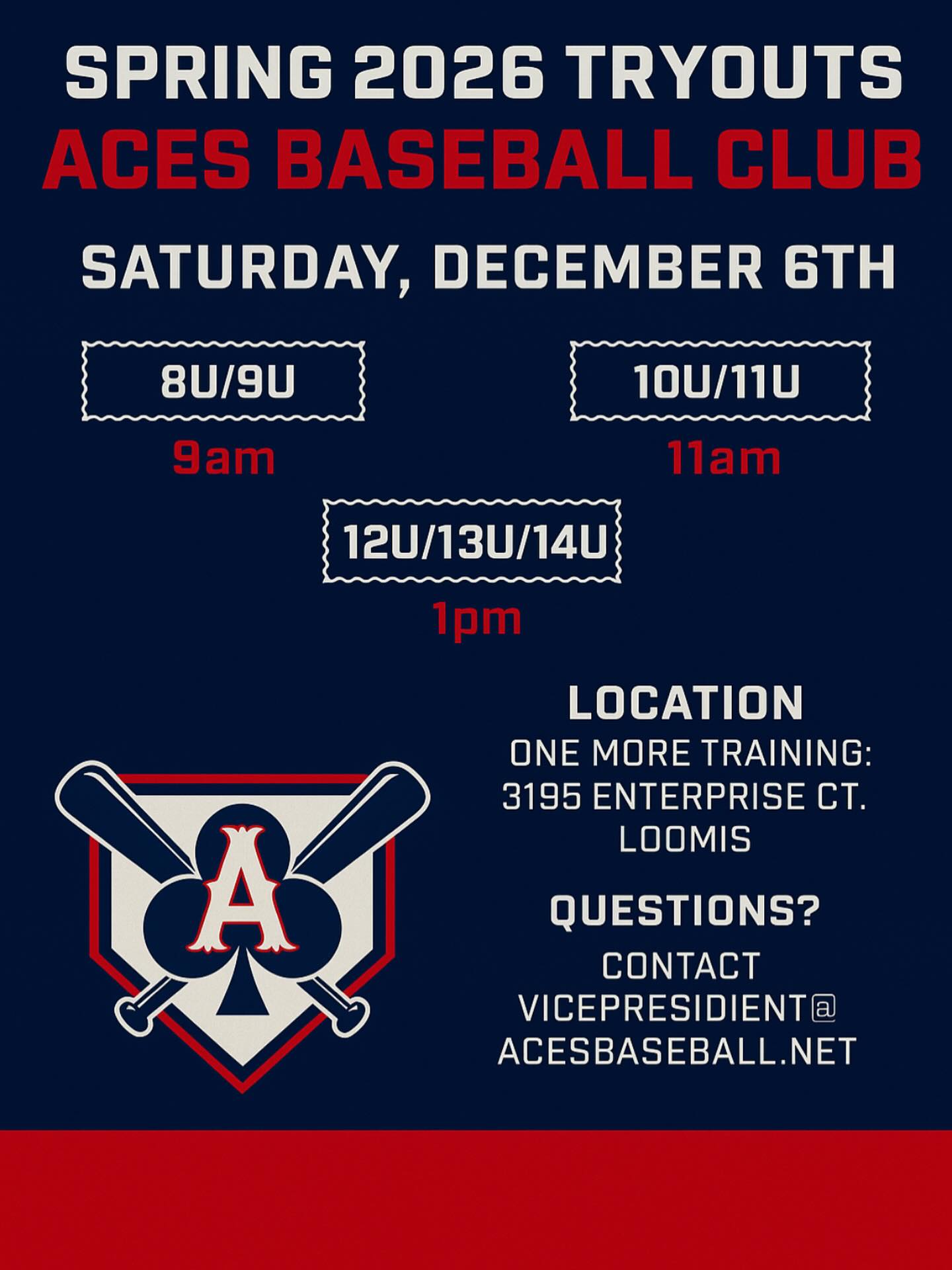Tryouts are next weekend!! Registration will take place the day of tryouts at One More Training! TURF’S ONLY! For any questions please email vicepresident@acesbaseball.net