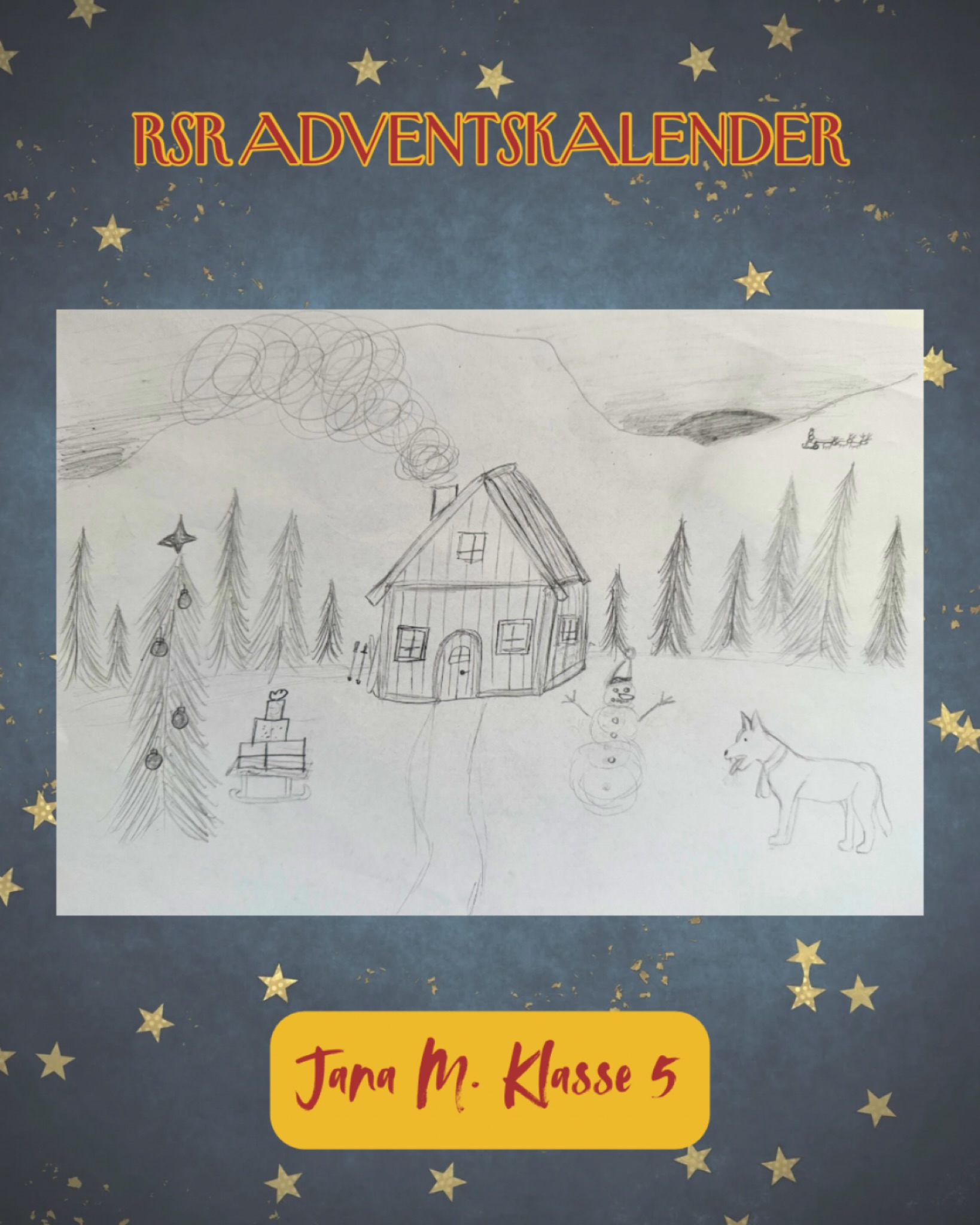 5. Dezember ❄️ Heute öffnet sich ein Adventstürchen voller stiller Wintermagie – eine kleine Hütte, Geschenke im Schnee und ein versteckter Schlitten, liebevoll mit Bleistift gezeichnet ✨