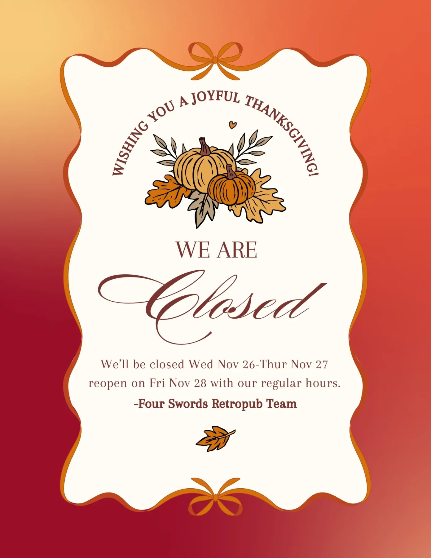 ❄️With the blizzard rolling in, we’ve decided to stay off the roads and take an extra day to rest and recharge.
We are closed today (Wednesday) and tomorrow for Thanksgiving. Stay safe, stay warm, and we’ll see you soon! 🌟
Normal hours all weekend (Fri-Sun)
🕹️ Arcade 3-9pm
🍜 Kitchen 5:30-8:30pm
🖤 Black Friday Weekend Deals 🖤
Buy a $40 gift card & get a free arcade day pass ($15 value on us!)