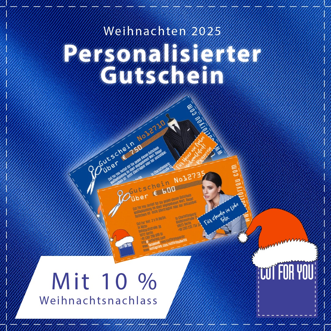 Sie sind herzlich eingeladen, noch bis zum 23. Dezember 2025 – inklusive des verkaufsoffenen Sonntags am 21. Dezember – unseren stimmungsvollen Weihnachtsmarkt bei Cut For You, Ihrem Berliner Maßbekleider für Damen und Herren, zu besuchen.
Entdecken Sie dort Ihre schönsten und persönlichsten Weihnachtsgeschenke: individuell gestaltete Geschenkgutscheine für Maßbekleidung in einer exklusiven Hülle – und das mit 10 % Weihnachtsnachlass!
So zahlen Sie zum Beispiel für einen Gutschein im Wert von 500 Euro lediglich 450 Euro. Bereits ab einem Verrechnungswert von 50 Euro erstellen wir Ihnen Gutscheine mit Ihrer persönlichen Botschaft. Jeder Gutschein ist ab dem 27.12.2025 einlösbar – und danach noch volle zehn Jahre bis zum 31.12.2035.
Verschenken Sie dieses Weihnachten etwas wirklich Besonderes: einen Gutschein, mit dem Ihre Liebsten ihre ganz persönliche Maßkleidung selbst gestalten und konfigurieren können.
Oder aber Sie wählen eine der vielen stilvollen Accessoires für Damen und Herren, die wie samt einer exklusiven Verpackung für Sie vorrätig haben.
Übrigens: Mit dem Erwerb von Maßbekleidung tragen Sie dazu bei, unsere Umwelt zu entlasten. Bei Cut For You wird kein Kleidungsstück produziert, das nicht auch den Weg zu Ihnen, unseren geschätzten Kunden, findet. Das Vernichten von riesigen Mengen nicht verkaufter Kleidungsstücke nach jeder Saison entfällt bei uns. Hinzu kommt, dass Ihnen unsere Kleidungsstücke durch eine hochwertige Fertigung und besten Materialien lange Freude bereiten werden. Maßbekleidung ist gelebte Nachhaltigkeit.
Cut For You ist Berlins Maßbekleider für Damen und Herren - im Regierungsviertel seit 2003. Wir sind stolz darauf, mehr als 6.000 Kunden betreuen und von unserem ausgezeichneten Preis-Leistungsverhältnis überzeugen zu dürfen. Neben einer persönlichen Beratung setzen wir auf die Unterstützung von 3-D-Bodyscannern, um eine perfekte Passform Ihrer Maßbekleidung zu erzielen.
Wir freuen uns auf Sie! Vereinbaren Sie gleich Ihre ganz persönliche Maßnahme unter 030-28099981 oder unter cutforyou.com/terminvereinbarung
#cutforyou #berlin #maß #madetomeasure #mtm #maßhemd #maßanzug #mode #herrenmode #damenmode #luxus #individual #mitte