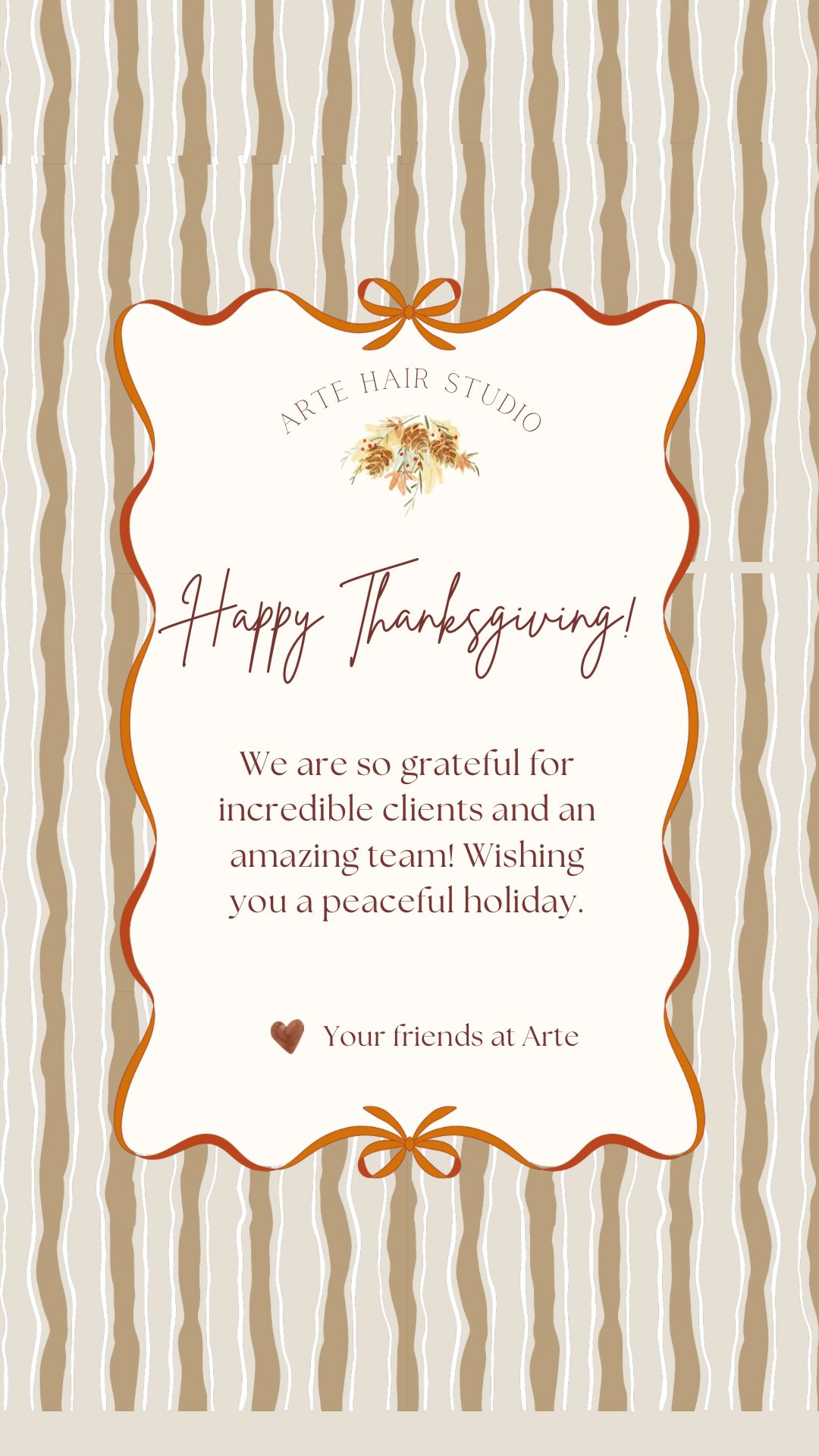 A cozy little Thanksgiving-Eve message for you all from studio owner Maria. ♥️🍁✨ Thankful for our clients & our team - hoping you have a beautiful holiday with loved ones. 🫶
.
.
.
.
#artehairstudio #bellevuehair #bellevuesalon #bellevuehairsalon #rentonwa #rentonhairstylist #bellevuehairstylist #bellevuewa #thankfulheart❤️ #smallbusinessseattle