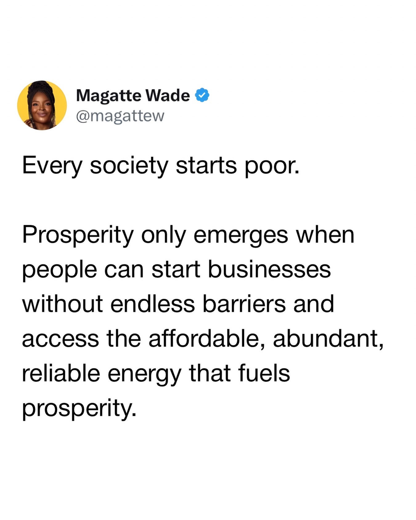 Poverty is solved by prosperity, and prosperity is built by entrepreneurs.
Any country that secures property rights, enforces the rule of law, and gives entrepreneurs the freedom to build will become prosperous.
If Africans really care about making their own decisions and being seen as peers by other nations, we should focus more on building prosperity through entrepreneurial value creation
How?
By making it easier for African entrepreneurs to start and run businesses.
Of course, this must be paired with a suite of foundational freedoms — what I call the entrepreneur’s toolkit (property rights, rule of law, free trade).
AND, of course, access to affordable, reliable, and abundant energy.