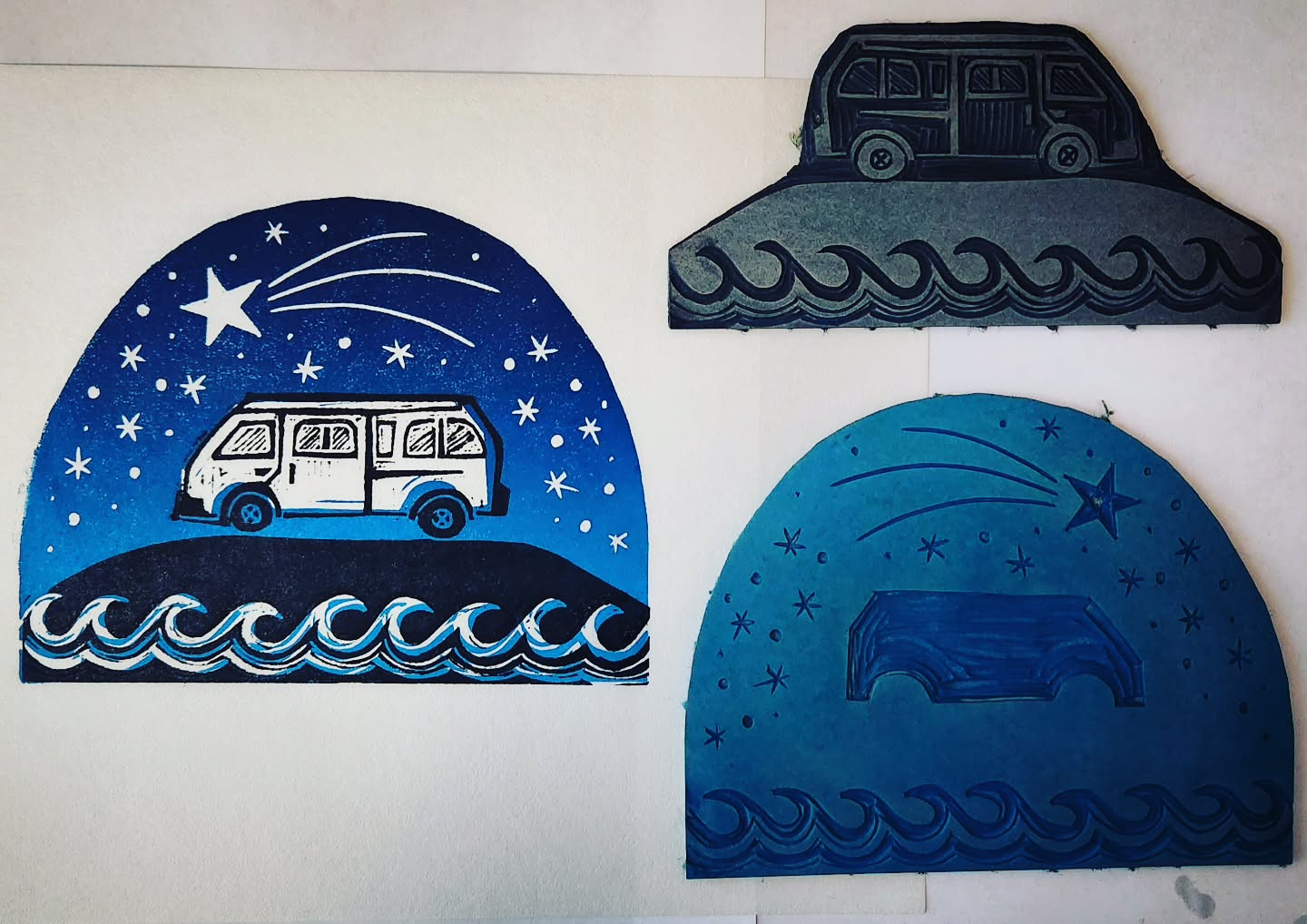 Printed a few more of these today. It's our little kiwi van under an endless starry sky.
#toyotahiace
#newzealand
#linocut