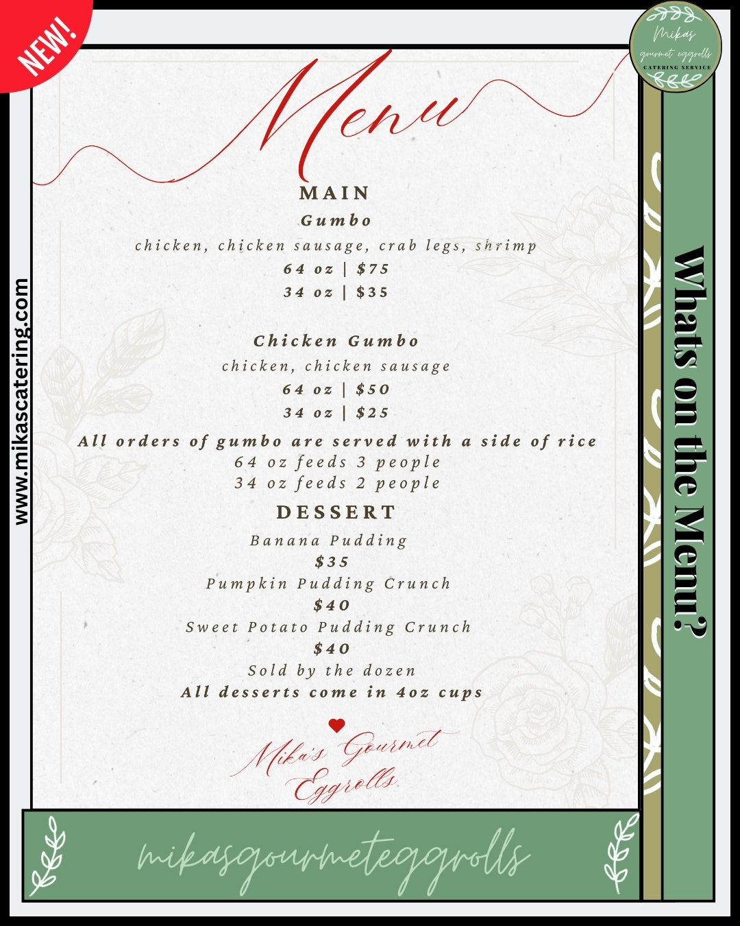 The updated menu 🎄✨
👇 SECURE YOUR MEALS 👇 1️⃣ Click the link in our bio 2️⃣ Tap "Whats on the Menu" to see the updated options 3️⃣ Order now to guarantee your pickup! 🎁
📍 Pickup Location: Upland, CA 🚚 Delivery: Available within 5 miles 💻 Order Here: www.mikascatering.com
#MikasGourmetEggrolls #UplandCA #MealPrep