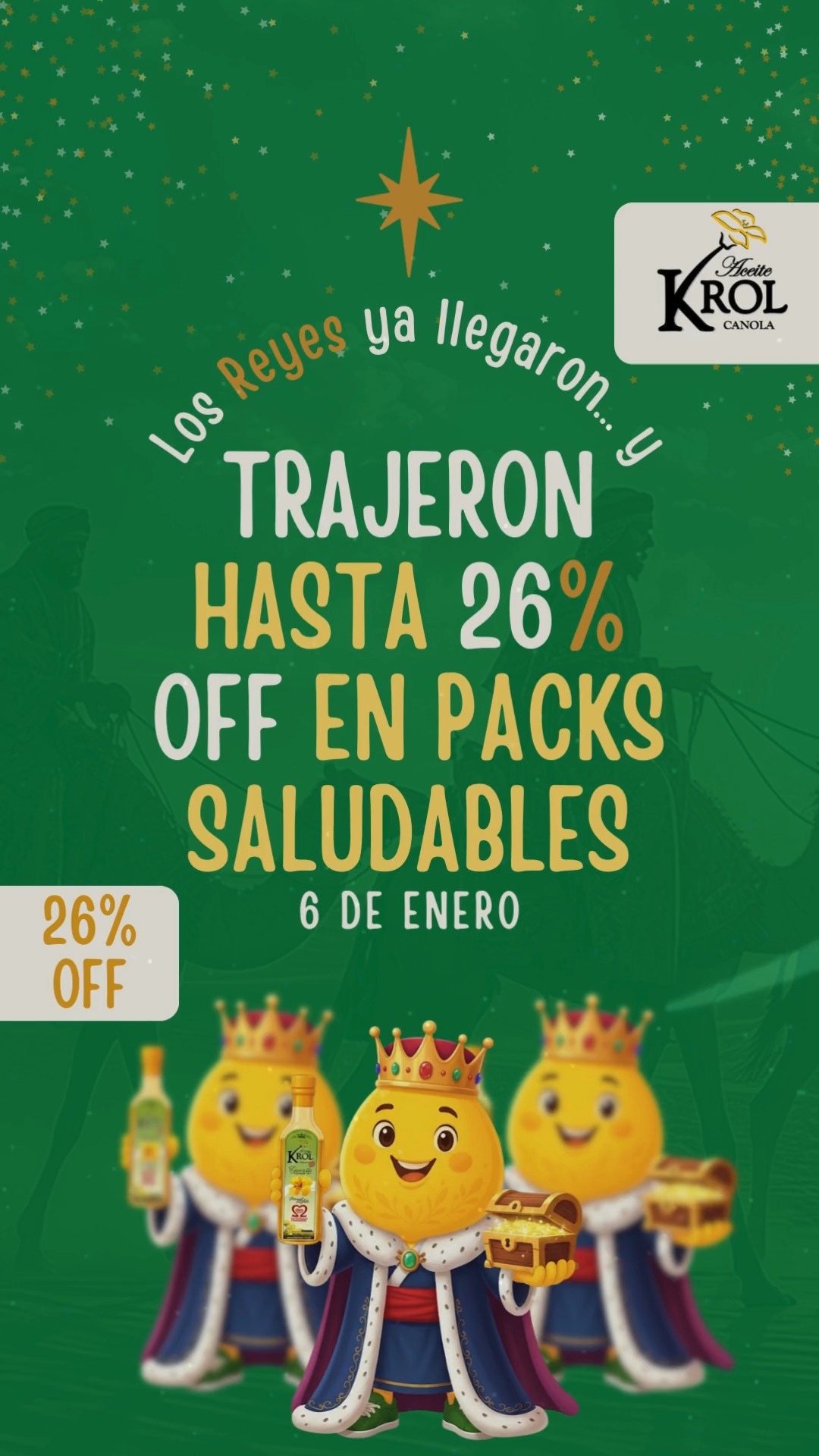 ¡Los Reyes ya llegaron… y vinieron cargados de SALUD!
Este 6 de enero traen hasta 26% OFF en nuestros Packs Saludables KROL.
Más sabor, más Omega 3-6-9 y el mejor comienzo para tu 2026.
🎁 Elegí bien. Elegí cuidarte. Elegí KROL.
👉 Aprovechá la promo antes de que desaparezca como los caramelos de Melchor.