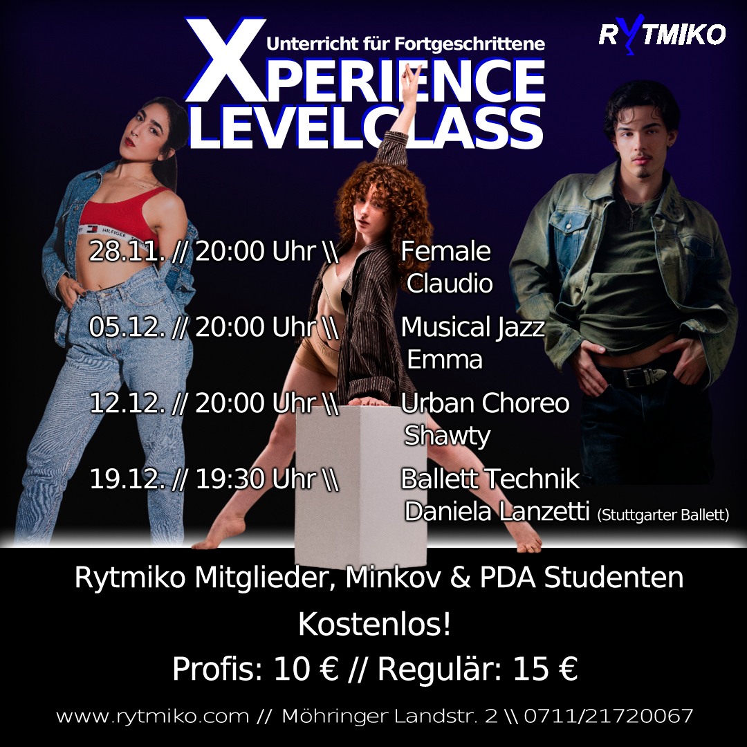 Liebe Freunde,
hier sind die Termine für unsere kommenden Xperience Classes. Eines können wir jetzt schon sagen... es wird Wild!
Da unsere Xperience Class zu 100 % von uns gesponsert wird und alle Einnahmen den Künstlern zugute kommen, finden diese erst ab 5 Personen statt. Eine Voranmeldung über unsere Homepage, ist zwingend erforderlich! Wir bitten um Verständnis und freuen uns auf ein paar schöne classes mit euch.
Unsere Xperience Class ist nur mit NACHWEIS für Studenten der Tanzakademie Minkov (Winnenden) & der Professional Dance Akademie (Stuttgart) PDA kostenlos.
>>>>>>>><<<<<<<<<
#xperienceclass #masterclass #urban #female #jazz #ballet #dancestudio #rytmiko #stuttgart #dancingunited