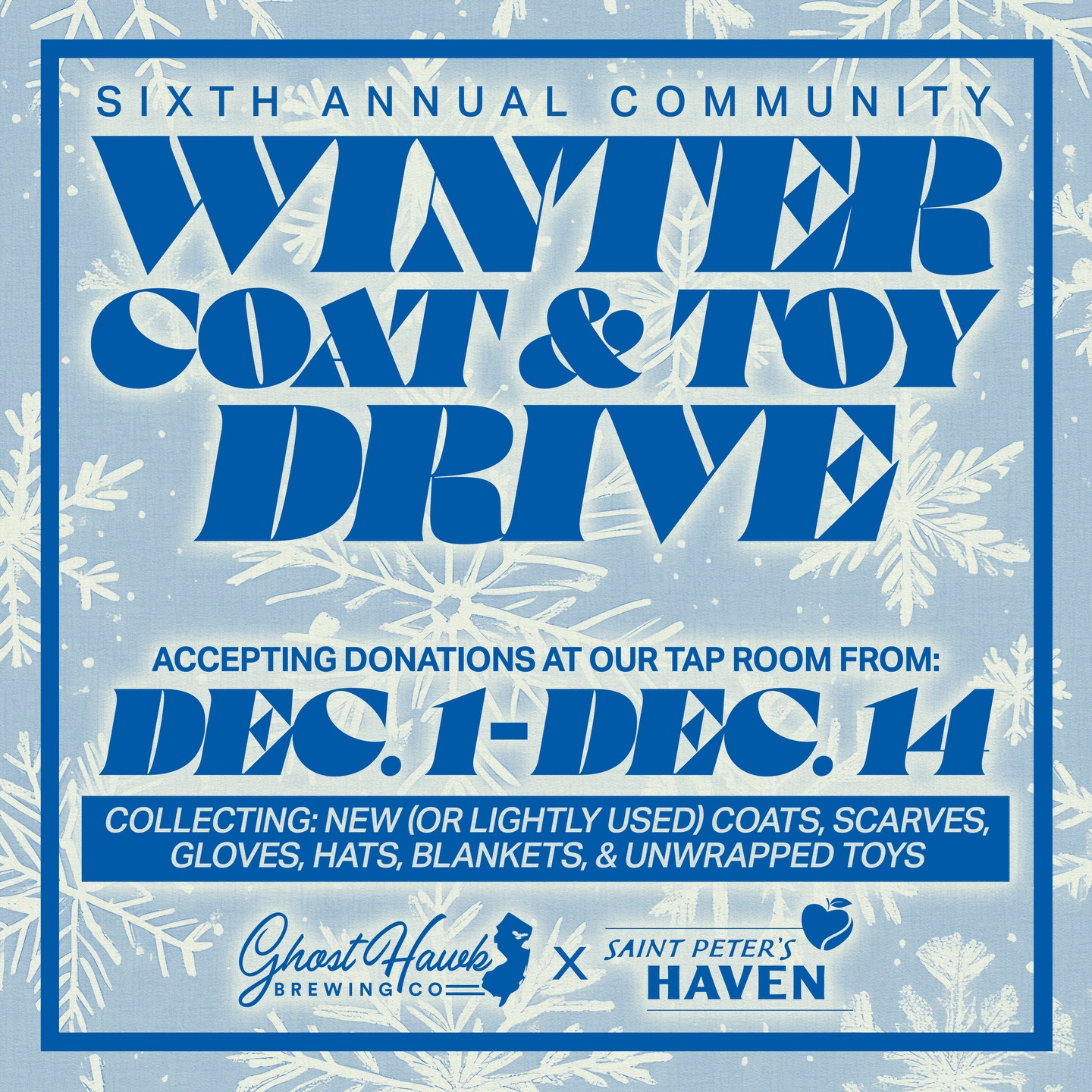 Our Sixth Annual Winter Coat & Toy Drive kicks off TODAY and this one is always special for us š«¶
Every year, this community rallies to support our neighbors and everything collected goes straight to our friends at @saintpetershaven⦠an organization that provides assistance to over 1,000 local families in need, along with crucial homeless outreach right here in Clifton.
From 12/1-12/14, weāll be collecting new or lightly used coats, scarves, gloves, hats, blankets⦠plus new, unwrapped toys for the holidays. You can drop them off in the festively wrapped, oversized collection boxes at our tap room.
And as a thank you from us, every donation gets a token good for a fresh pint along with a limited edition sticker.
Even one item goes a long way for someone who truly needs it. Appreciate you all for always showing up for this community year after year. š¤āļø
#ghosthawkbrewingco #cliftonnj #coatdrive #toydrive
