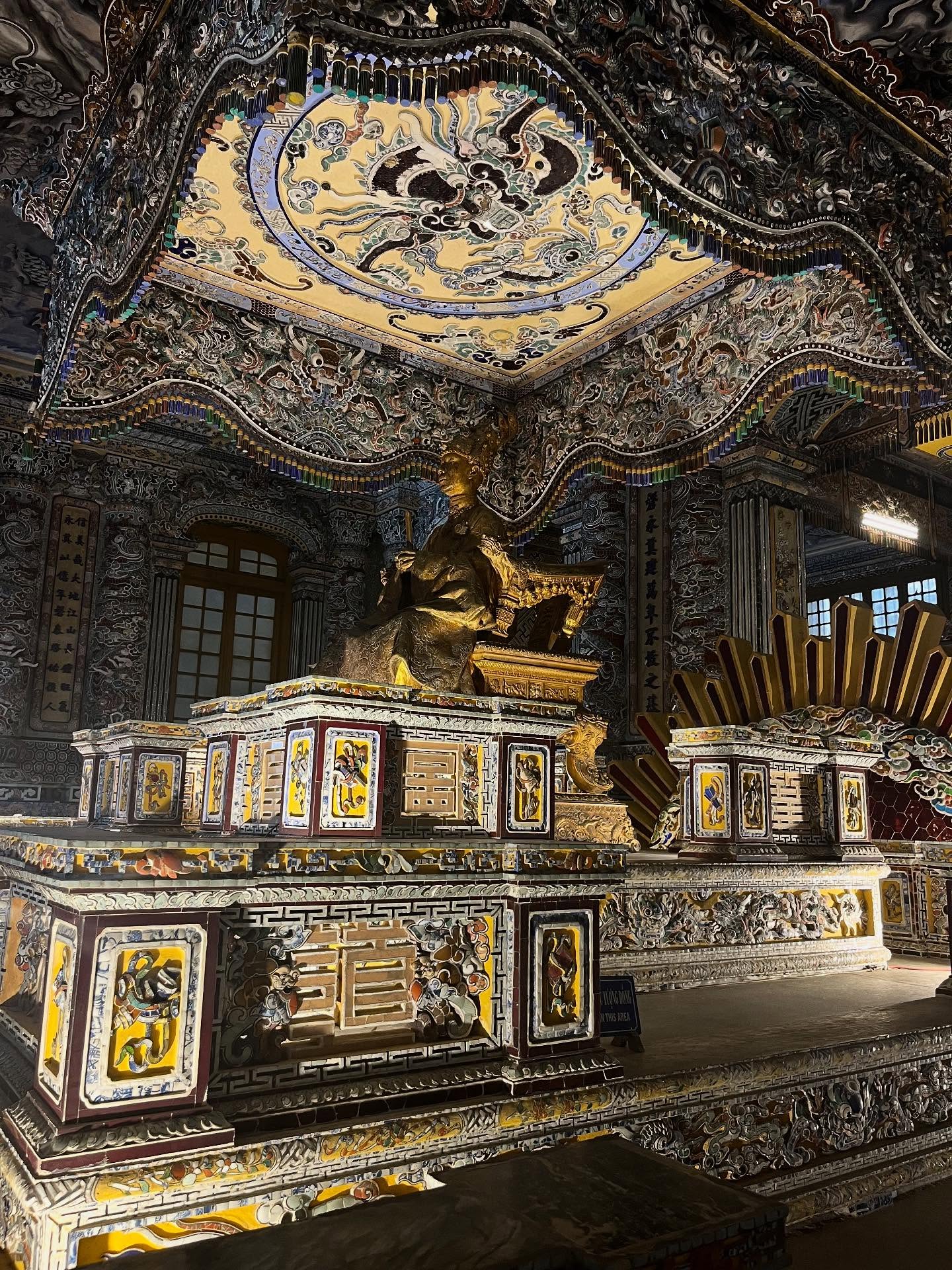From the statues to the headstone—Khải Định’s Mausoleum never stops impressing. Its interior shines with mosaics made from tiny pieces of imported porcelain and glass. A bit of a climb to the top but so worth it!!! 🇻🇳