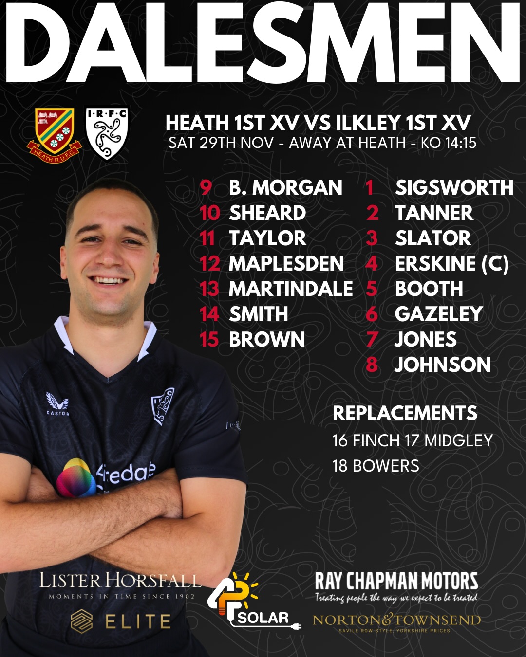 Your Dalesmen for tomorrow!
Our 1st XV Squad has a few changes due to absences for their match against Heath. Our 3rd XV are holding down Stacks Field for their match against Corinthians.
Both matches kick off at 14:15 and don’t forget to tune into @drystone_radio for live 1st XV commentary too.
Saturday 29th November
Heath 1st XV vs Ilkley 1st XV - Away at Heath - League - KO 14:15
Ilkley 3rd XV vs Corinthians 2nd XV - Home at Ilkley - League - KO 14:15
#uptheilk #irfc #ilkley #100percentilk #COYD #rugby #ilkleyrugbyclub