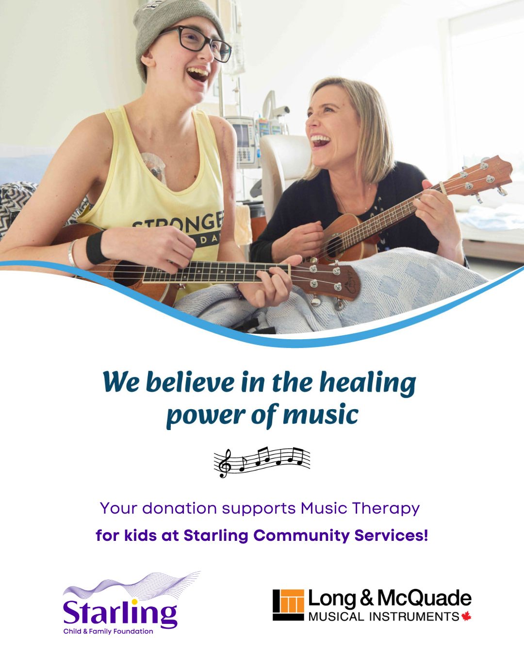 Your donation of $1 or more at Long & McQuade Musical Instruments Waterloo, Cambridge or Guelph locations will support Starling Community Services Music Therapy program from now until December 31st!
Thank you @longandmcquade for supporting the kids we serve at Starling. 🎶💜
Donate in store or online at: https://ow.ly/buNI50XtKLE
#MusicTherapy #MentalHealth #childrensmentalhealth #mentalhealthmatters